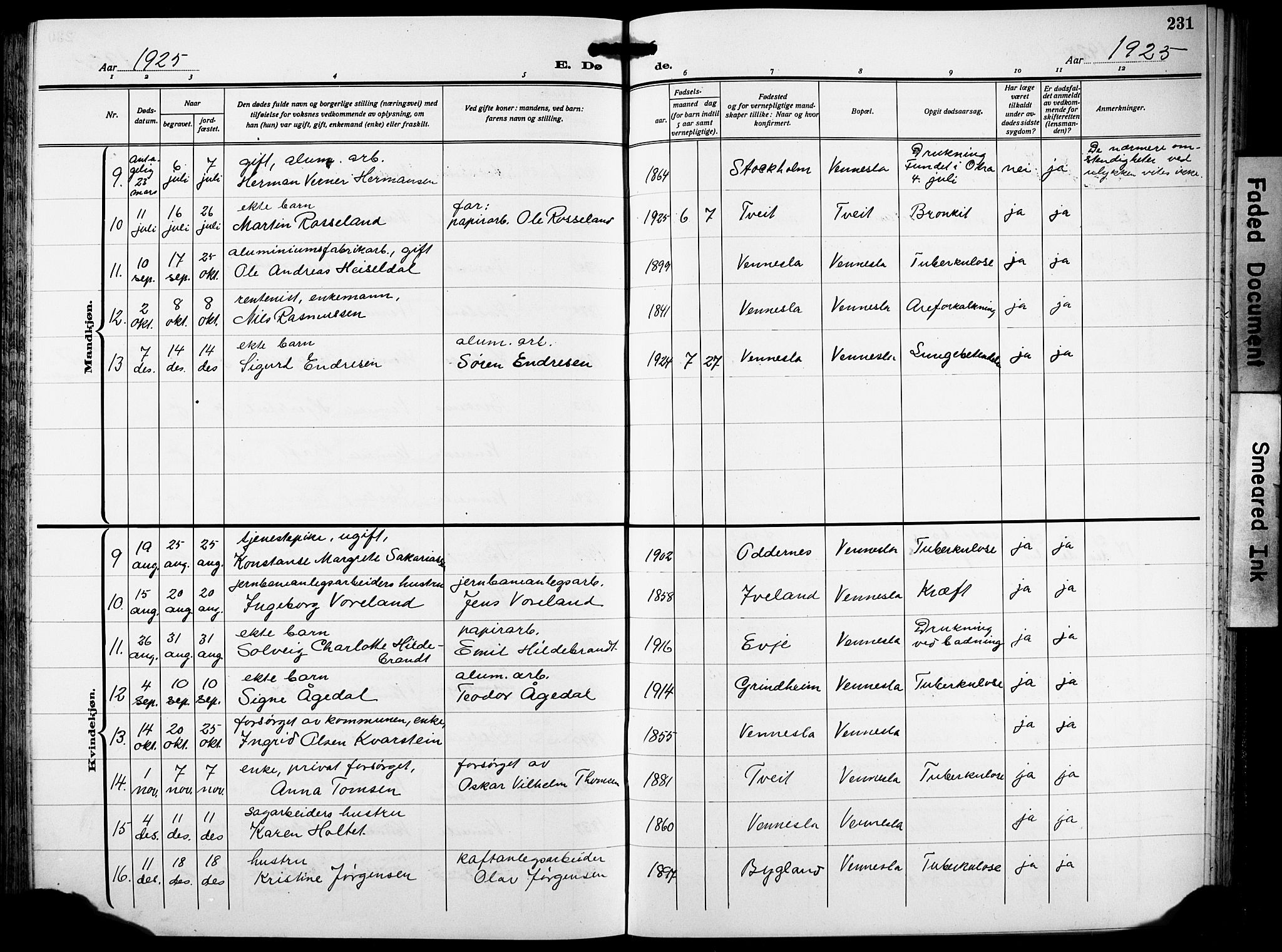 Vennesla sokneprestkontor, AV/SAK-1111-0045/Fb/Fbb/L0007: Parish register (copy) no. B 7, 1922-1933, p. 231
