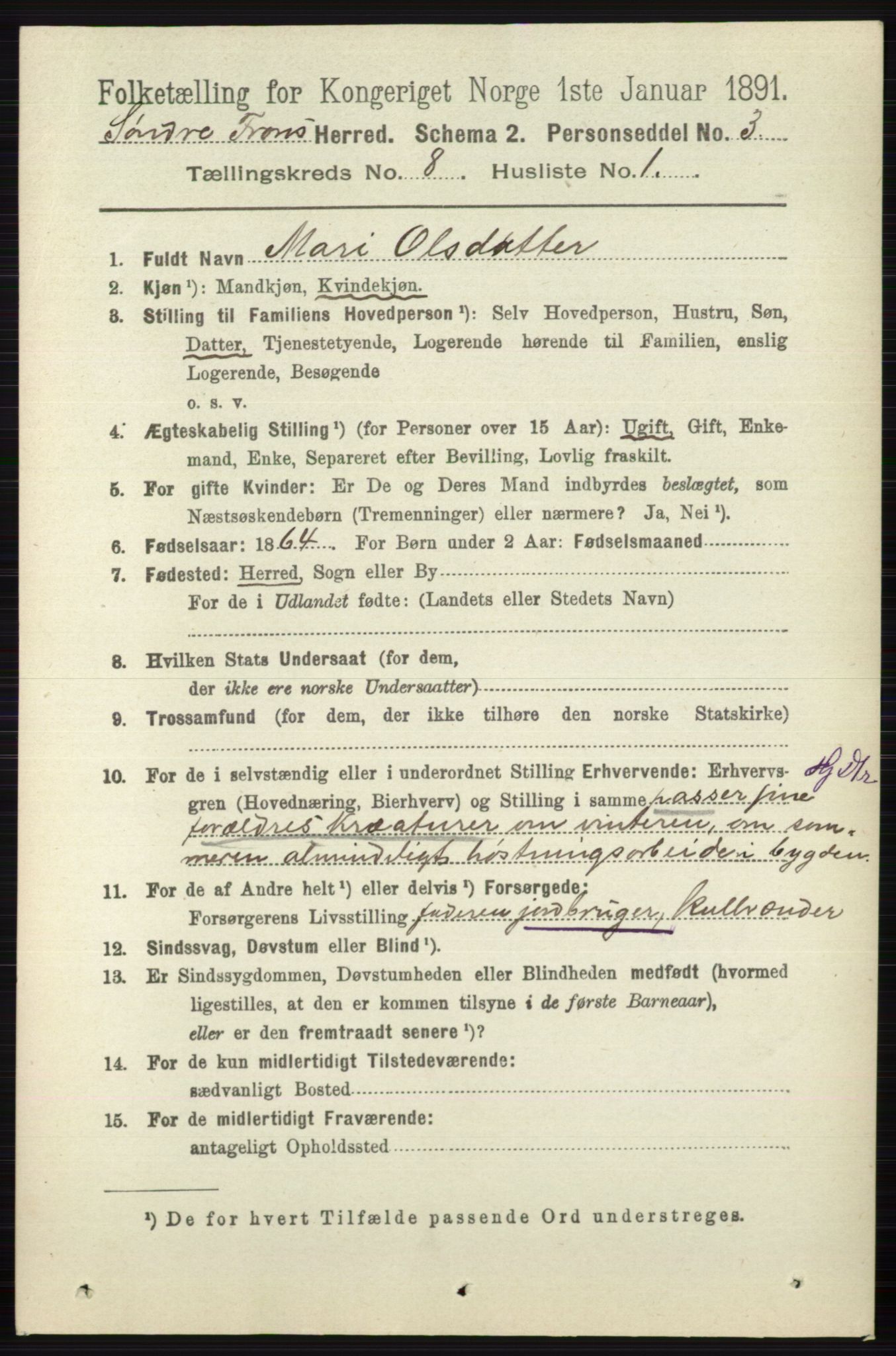 RA, 1891 census for 0519 Sør-Fron, 1891, p. 3721