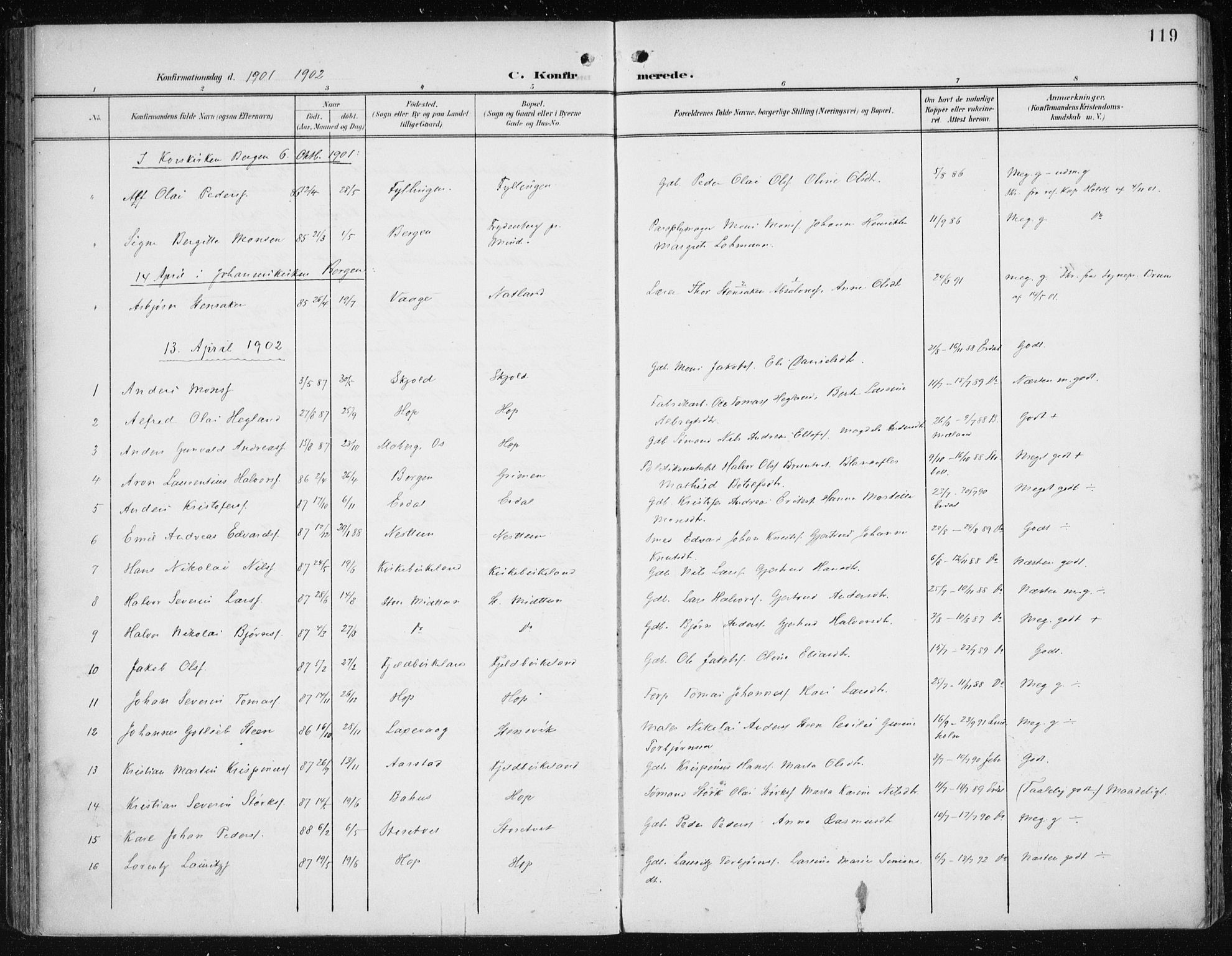 Fana Sokneprestembete, SAB/A-75101/H/Haa/Haai/L0003: Parish register (official) no. I 3, 1900-1912, p. 119