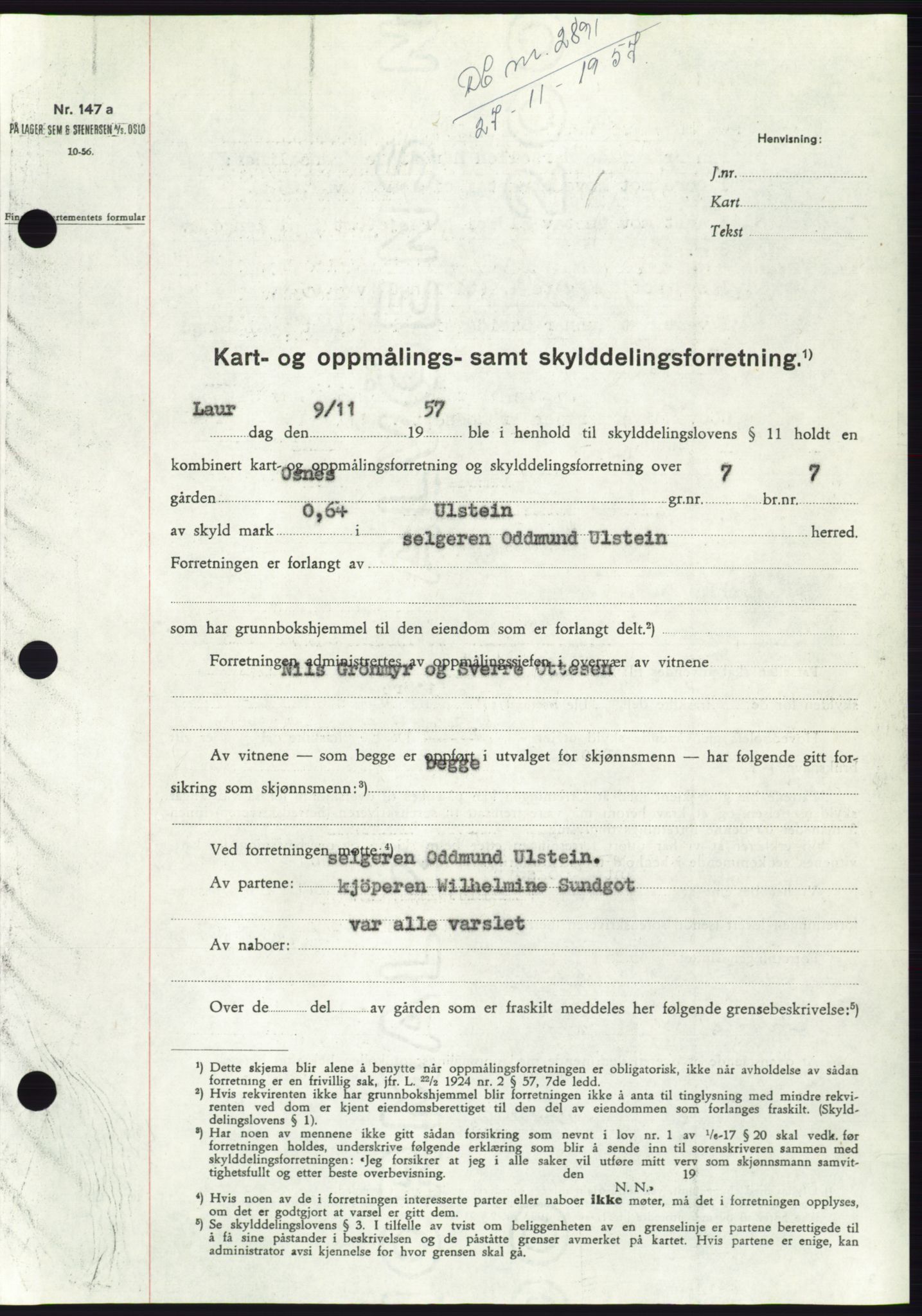 Søre Sunnmøre sorenskriveri, AV/SAT-A-4122/1/2/2C/L0108: Mortgage book no. 34A, 1957-1958, Diary no: : 2891/1957