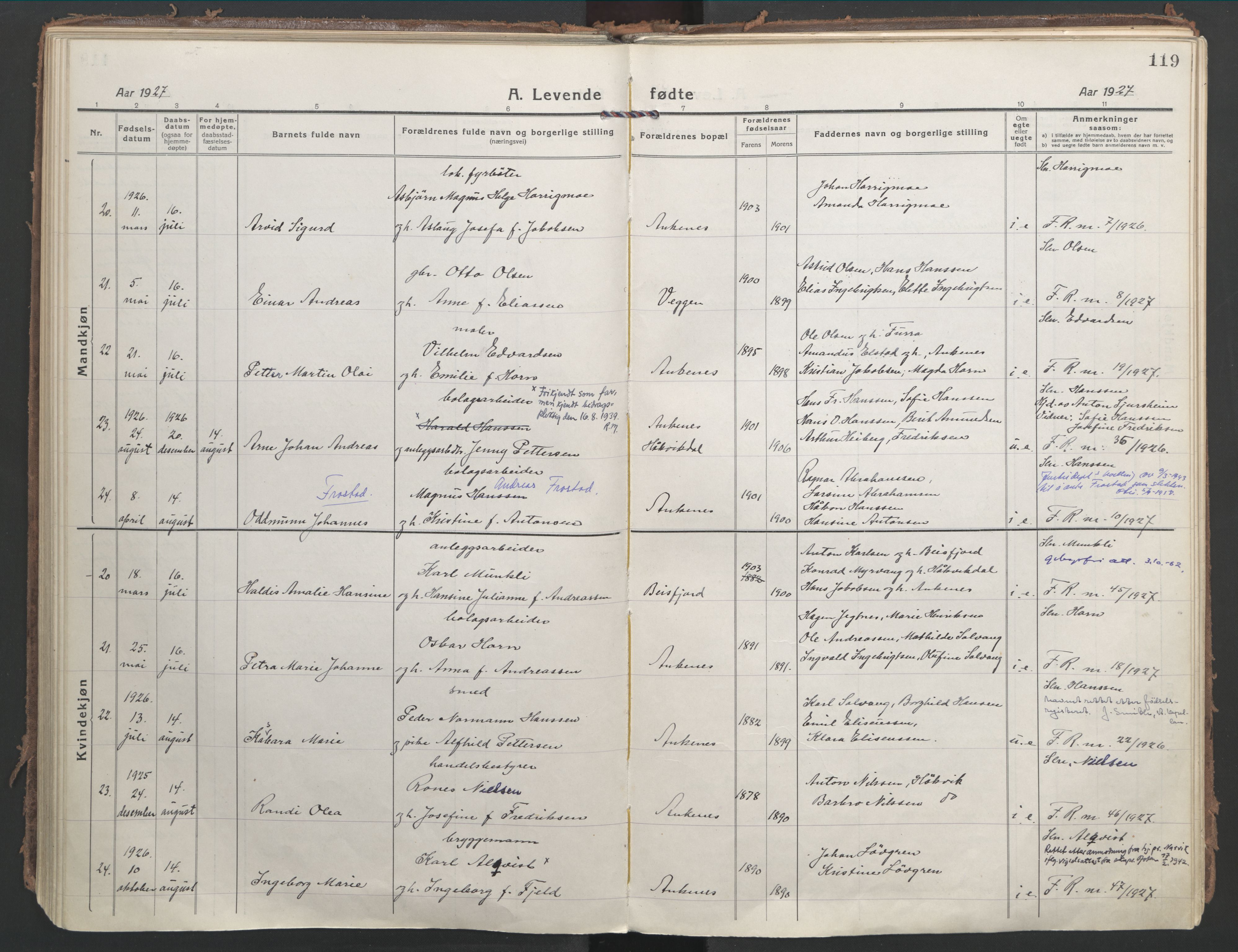 Ministerialprotokoller, klokkerbøker og fødselsregistre - Nordland, SAT/A-1459/866/L0945: Parish register (official) no. 866A08, 1917-1935, p. 119