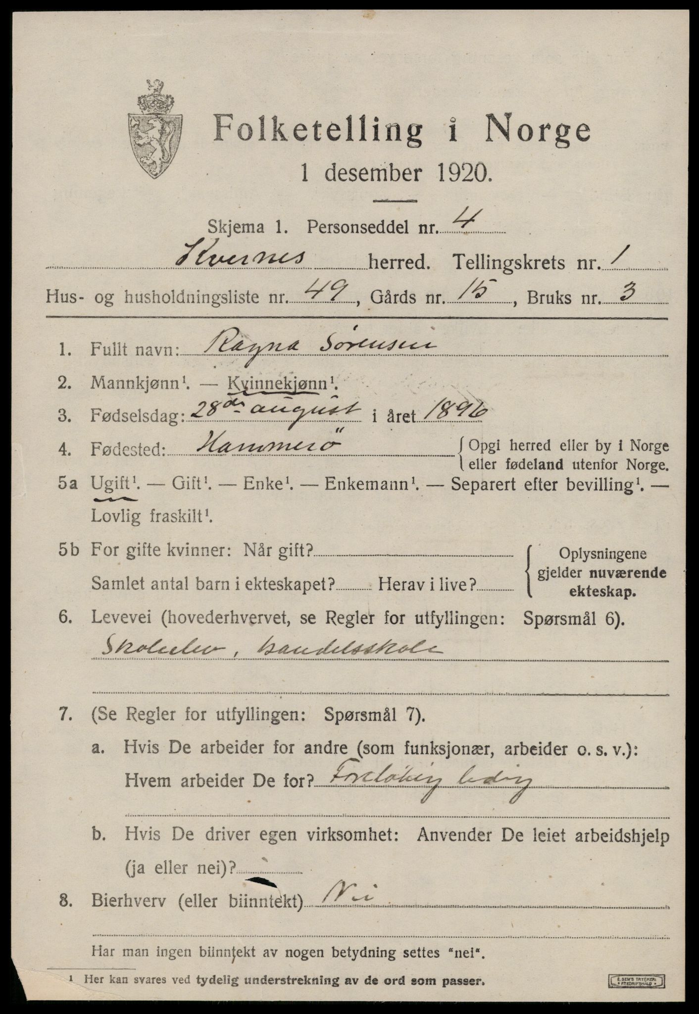 SAT, 1920 census for Kvernes, 1920, p. 941