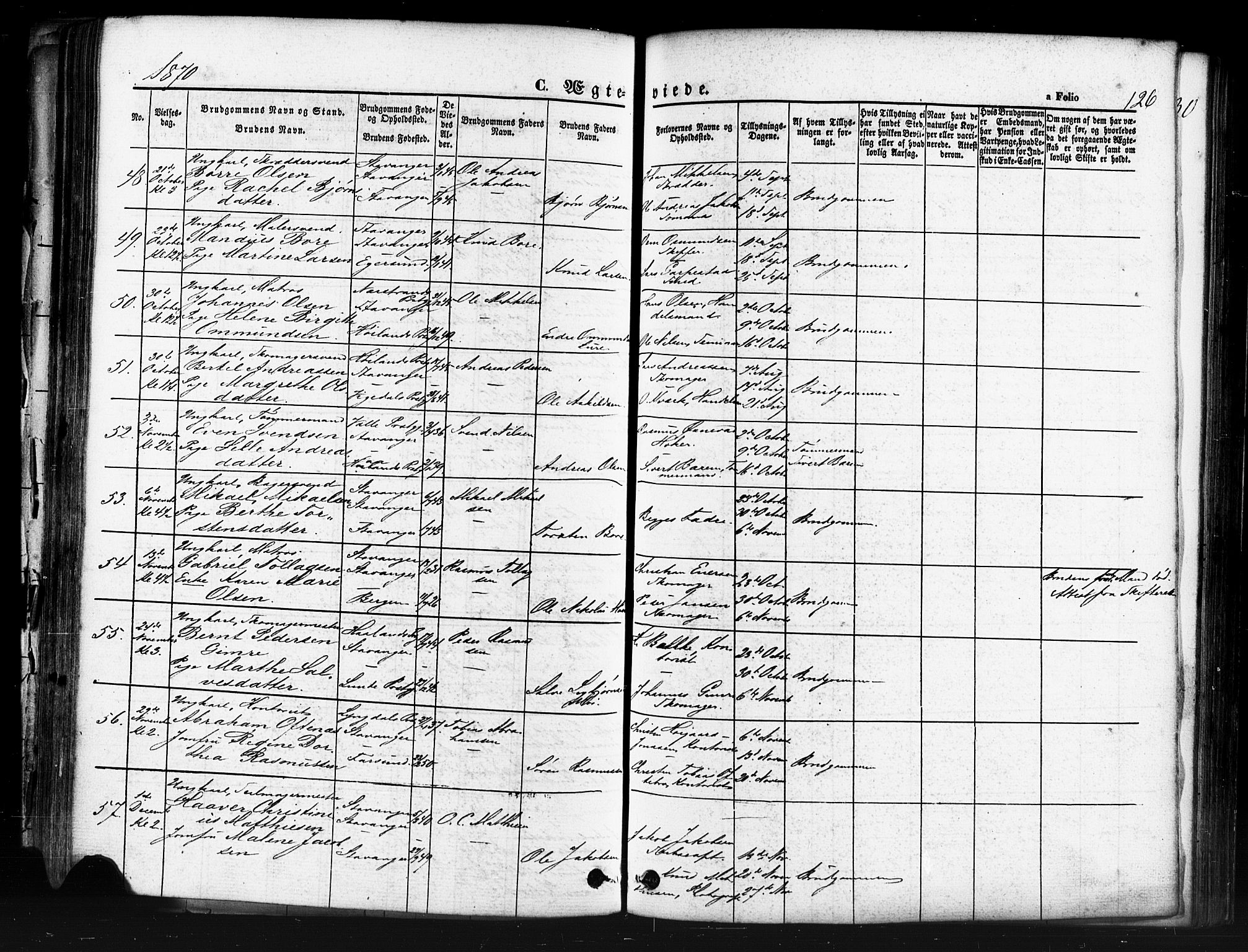 Domkirken sokneprestkontor, AV/SAST-A-101812/001/30/30BB/L0011: Parish register (copy) no. B 11, 1858-1876, p. 126