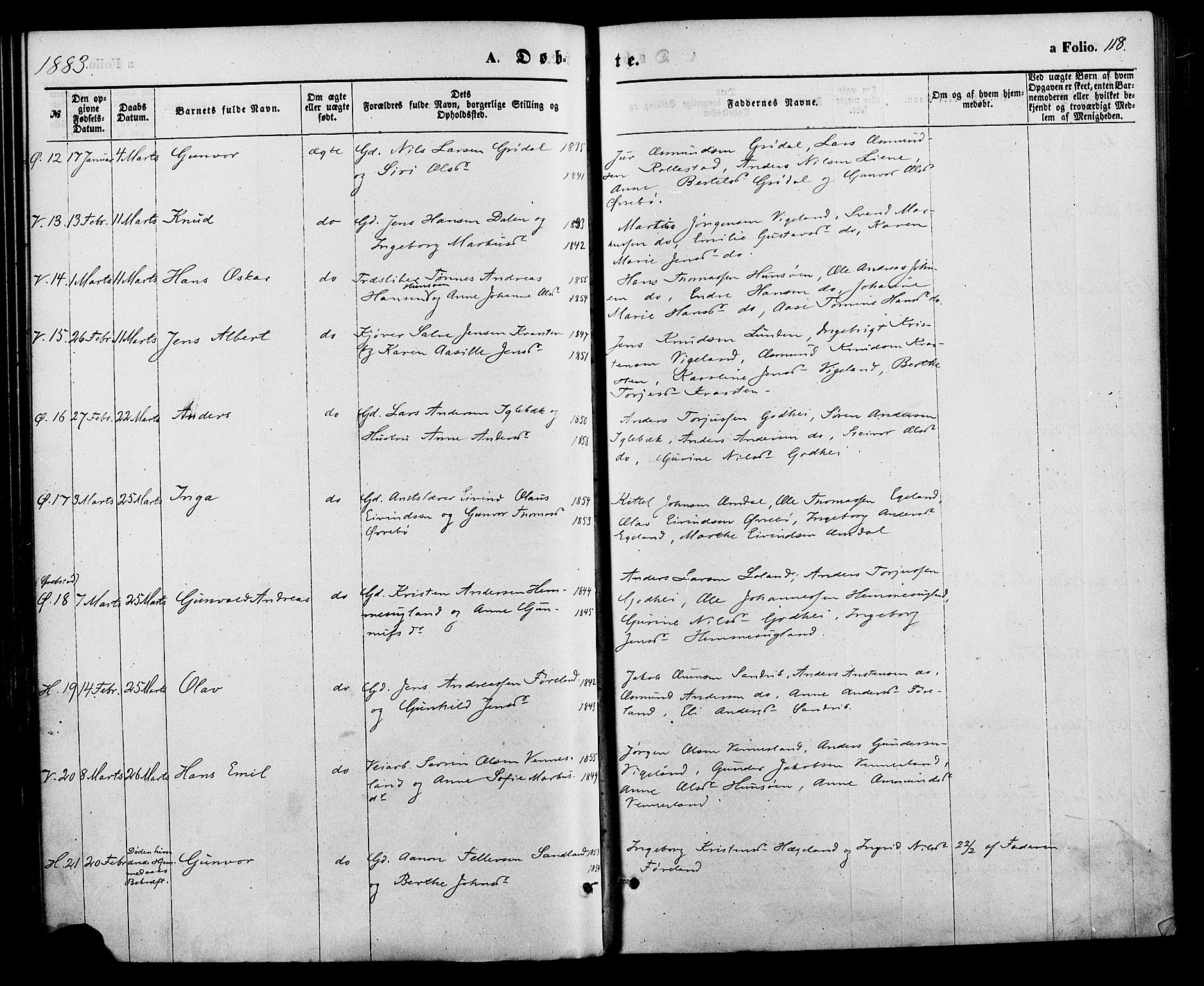 Vennesla sokneprestkontor, SAK/1111-0045/Fa/Fac/L0008: Parish register (official) no. A 8, 1874-1883, p. 118
