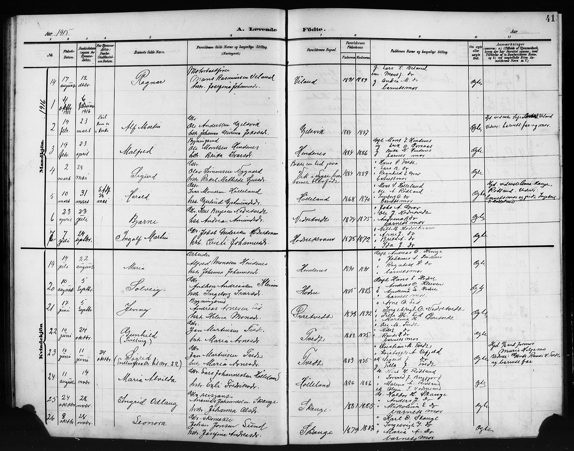Lindås Sokneprestembete, SAB/A-76701/H/Hab: Parish register (copy) no. E 4, 1906-1921, p. 41