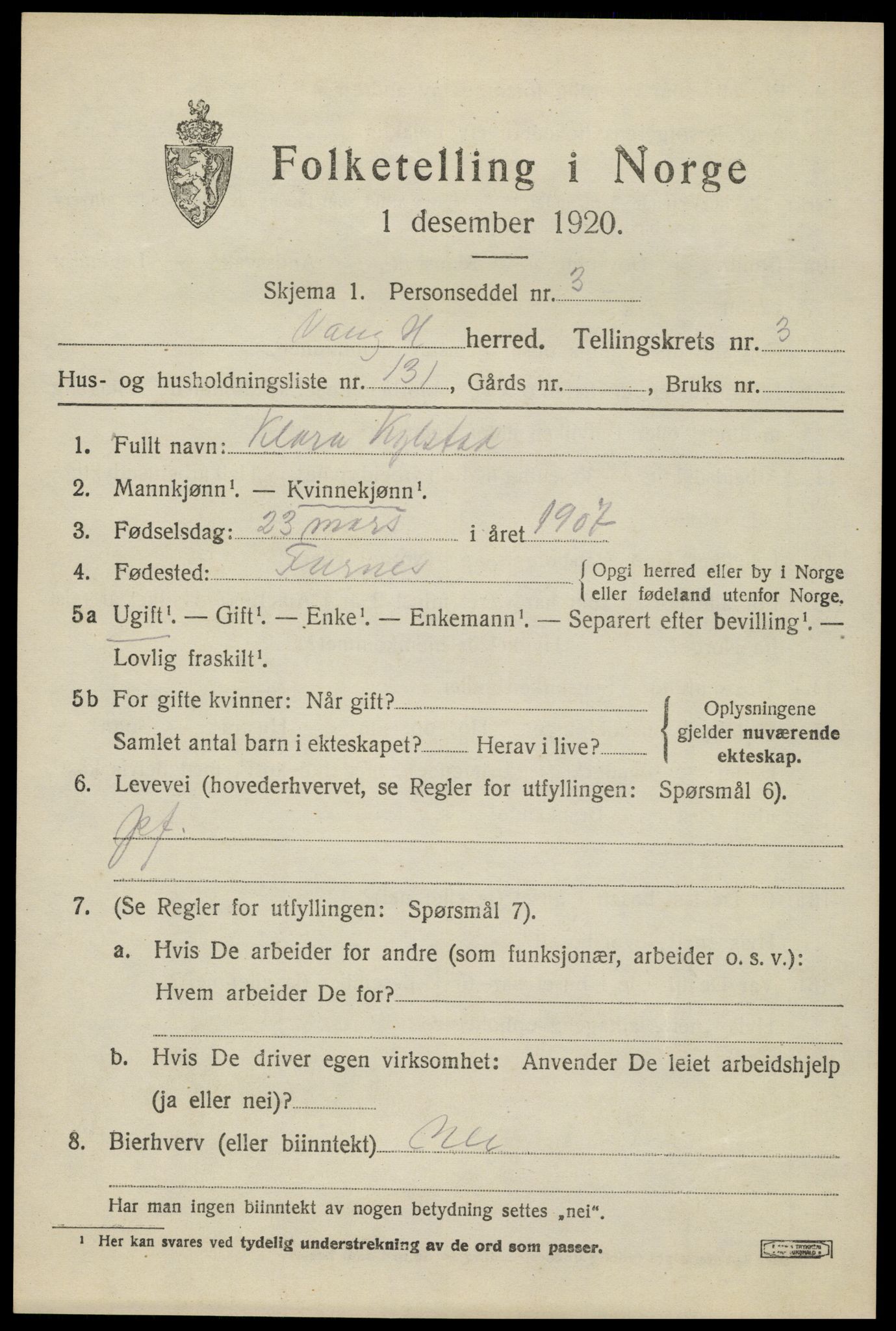 SAH, 1920 census for Vang (Hedmark), 1920, p. 11071