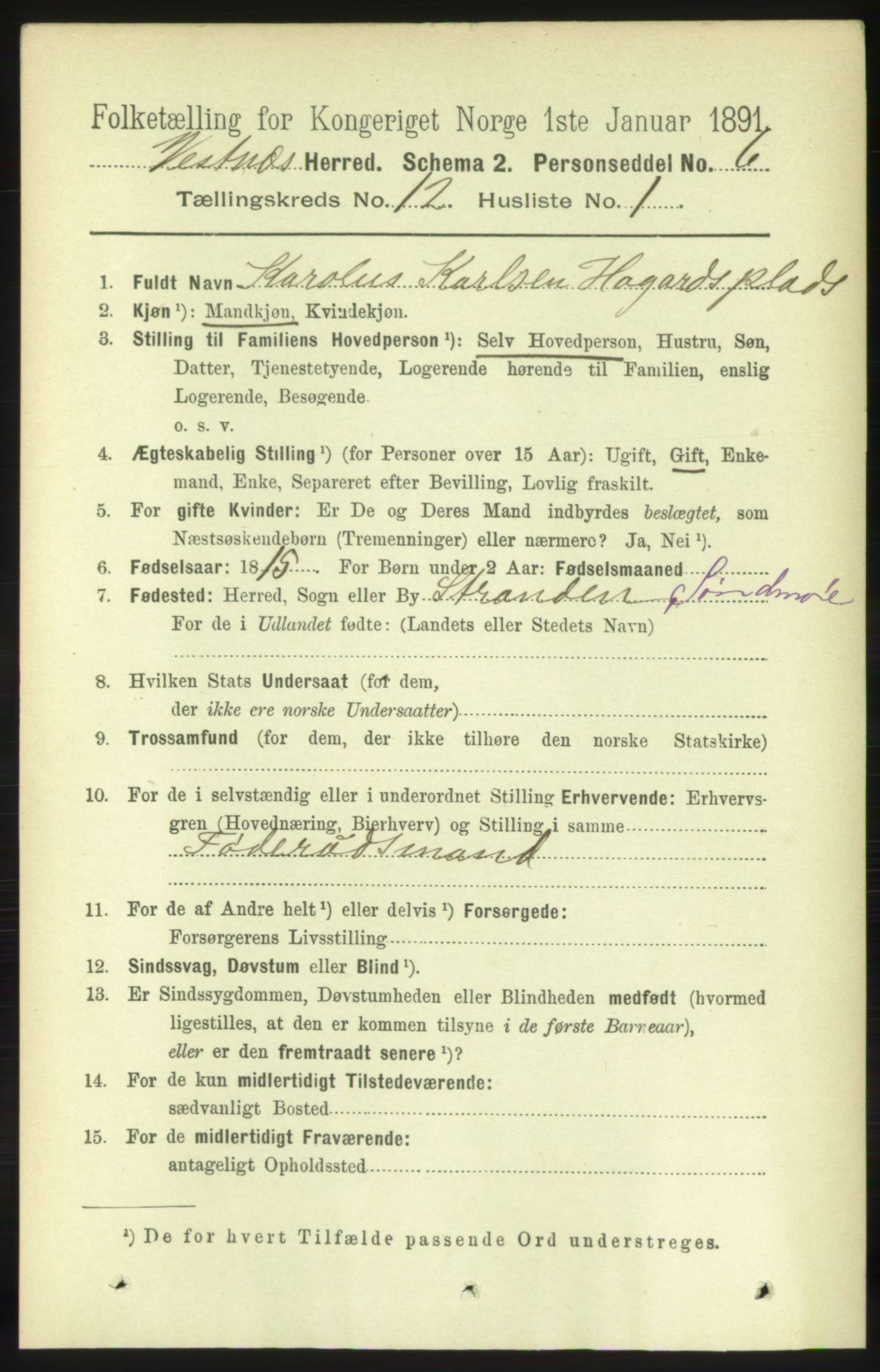 RA, 1891 census for 1535 Vestnes, 1891, p. 4421