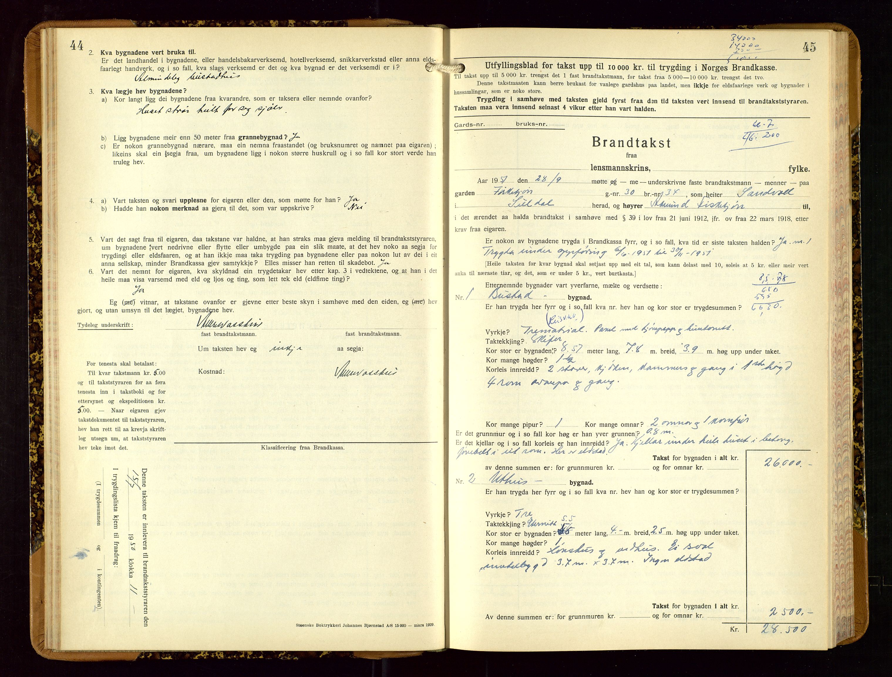 Suldal lensmannskontor, SAST/A-100419/Gob/L0003: Branntakstprotokoll, 1924-1955, p. 44-45