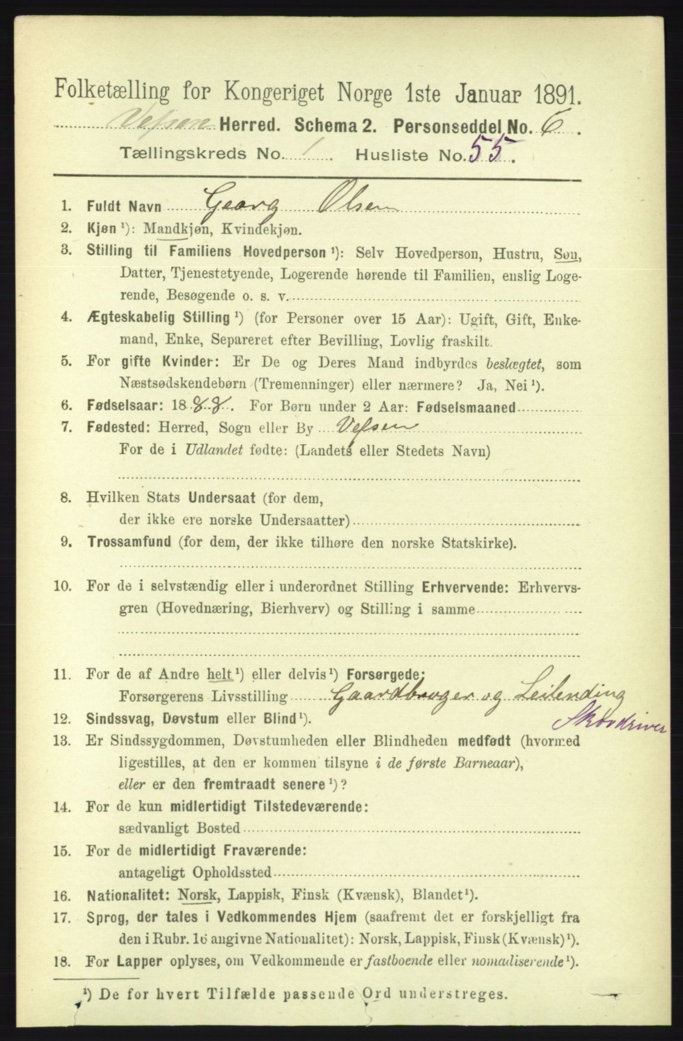 RA, 1891 census for 1824 Vefsn, 1891, p. 525