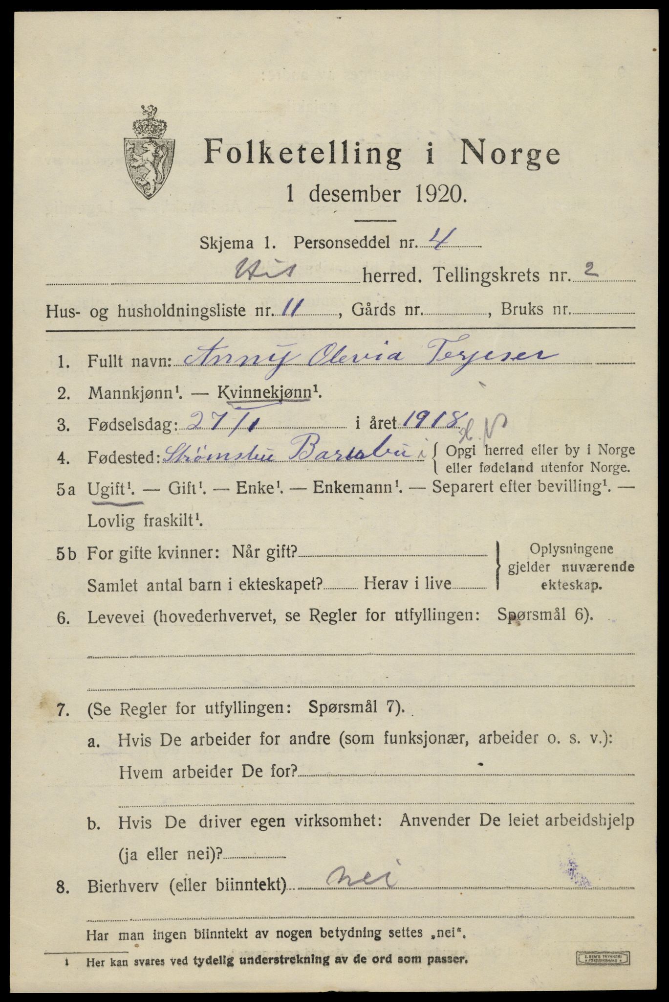 SAK, 1920 census for Hisøy, 1920, p. 2520