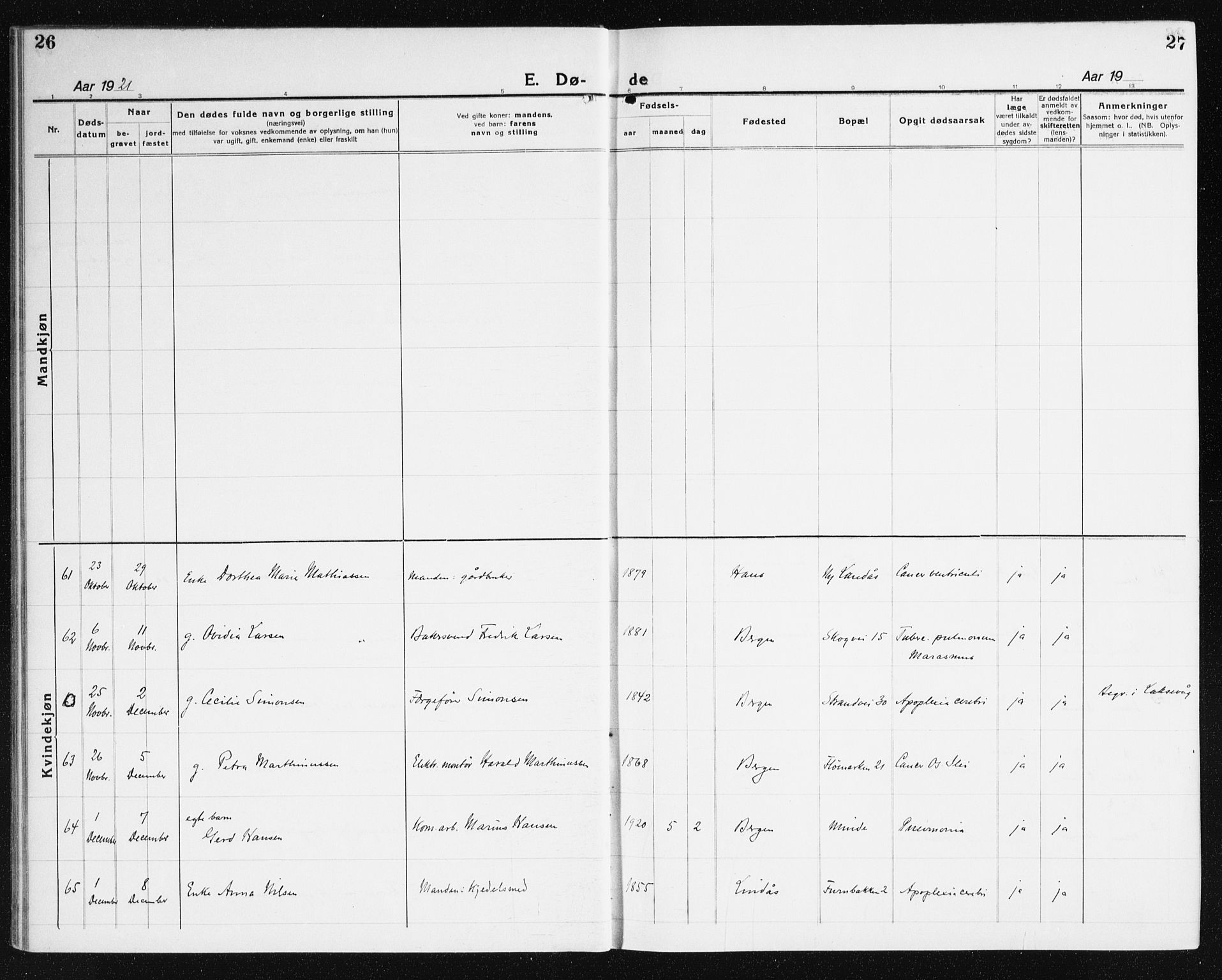 Årstad Sokneprestembete, AV/SAB-A-79301/H/Haa/L0010: Parish register (official) no. E 1, 1921-1940, p. 26-27