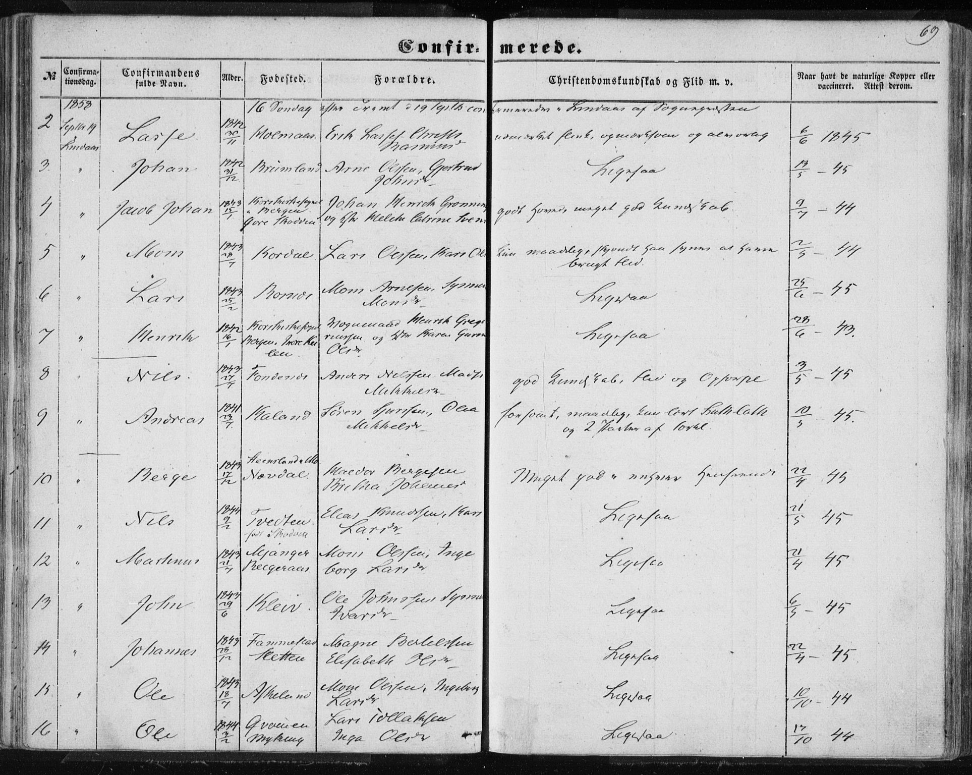 Lindås Sokneprestembete, AV/SAB-A-76701/H/Haa/Haaa/L0013: Parish register (official) no. A 13, 1848-1862, p. 69