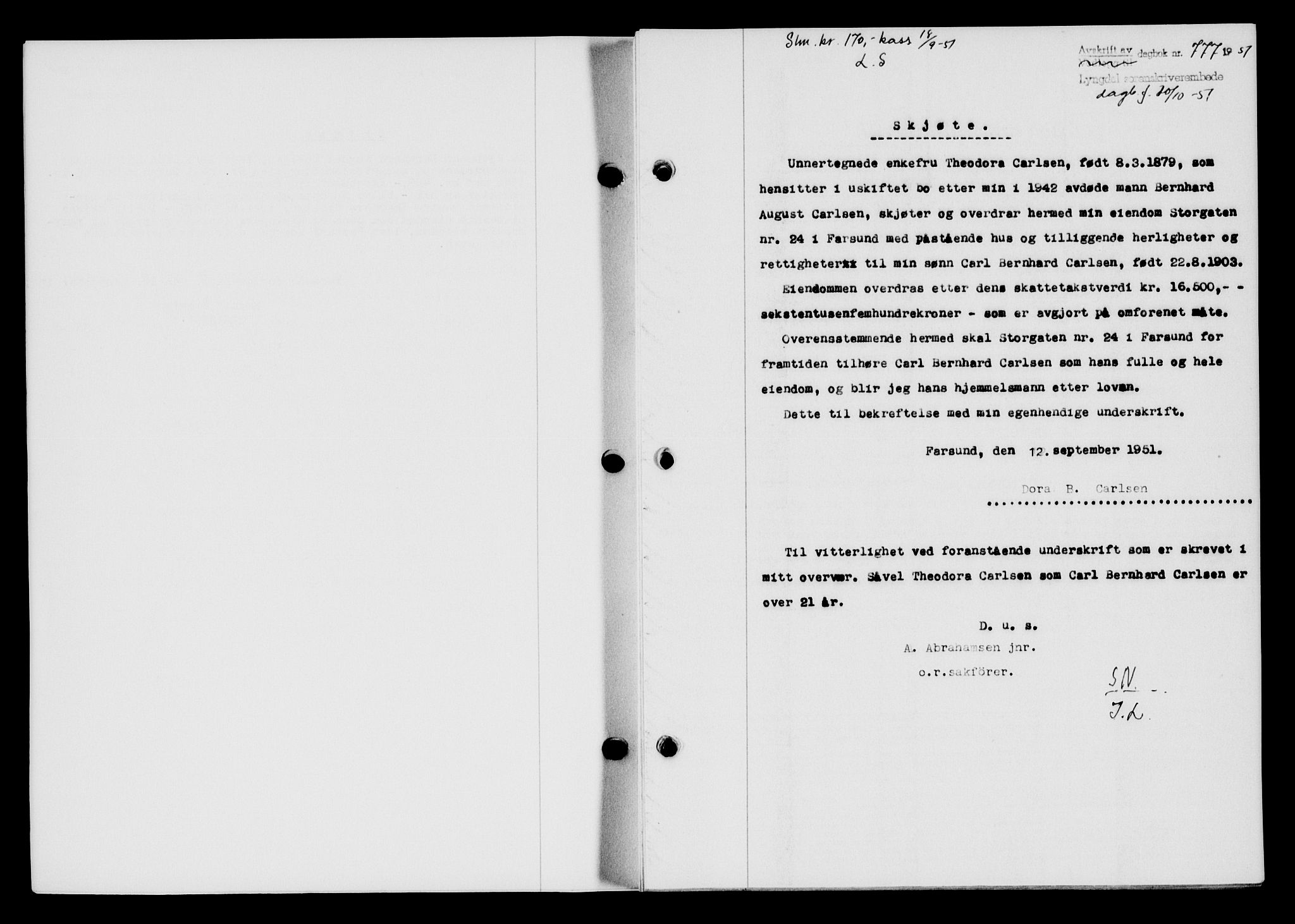 Lyngdal sorenskriveri, AV/SAK-1221-0004/G/Gb/L0667: Mortgage book no. A XIII, 1951-1952, Diary no: : 777/1951