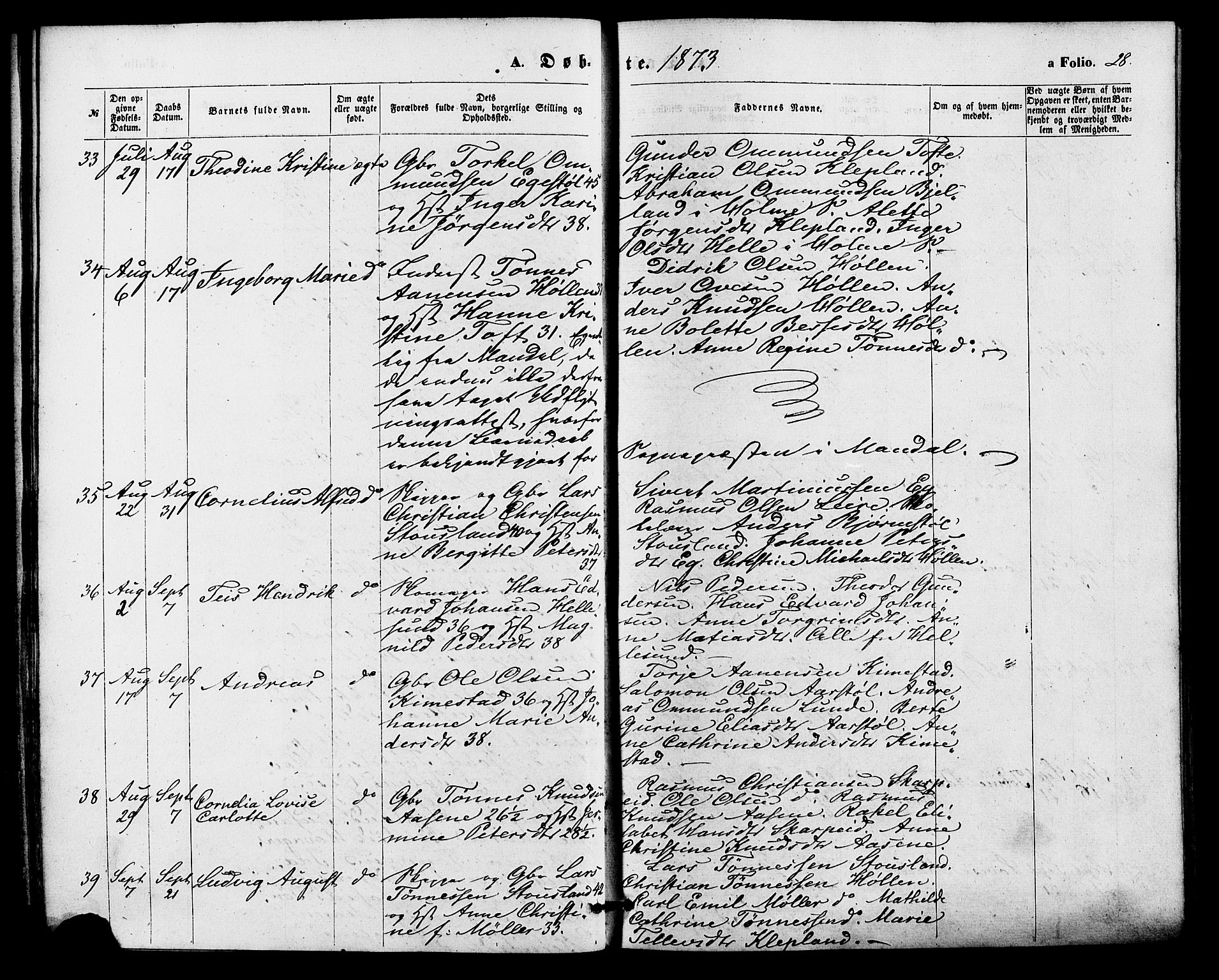 Søgne sokneprestkontor, SAK/1111-0037/F/Fa/Fab/L0011: Parish register (official) no. A 11, 1869-1879, p. 28