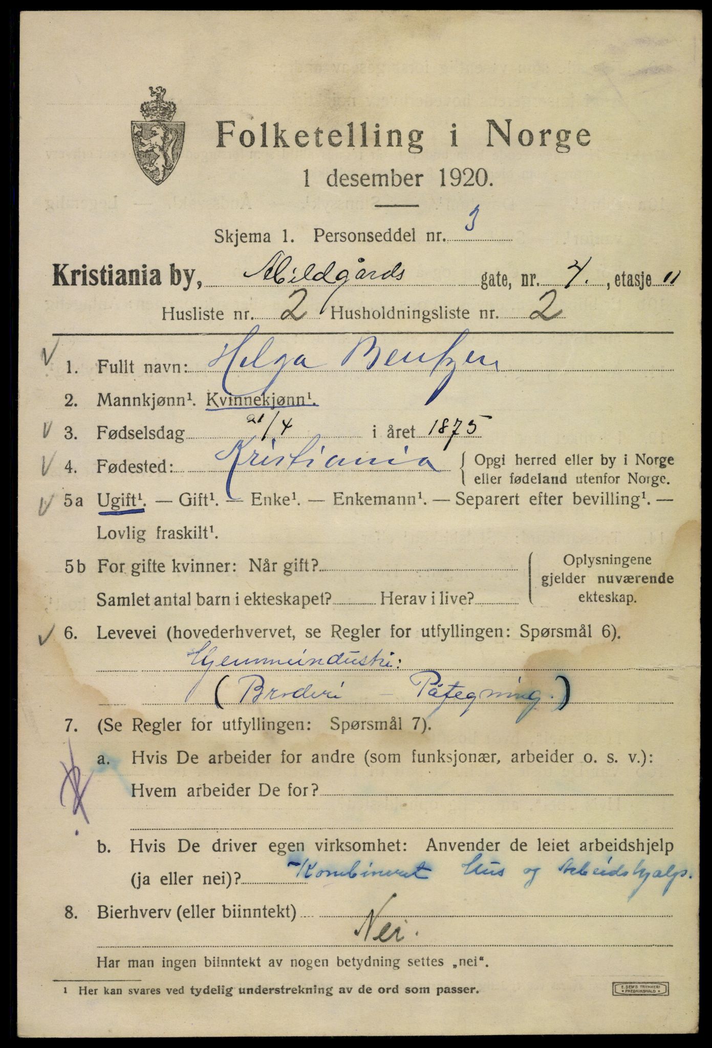 SAO, 1920 census for Kristiania, 1920, p. 137019