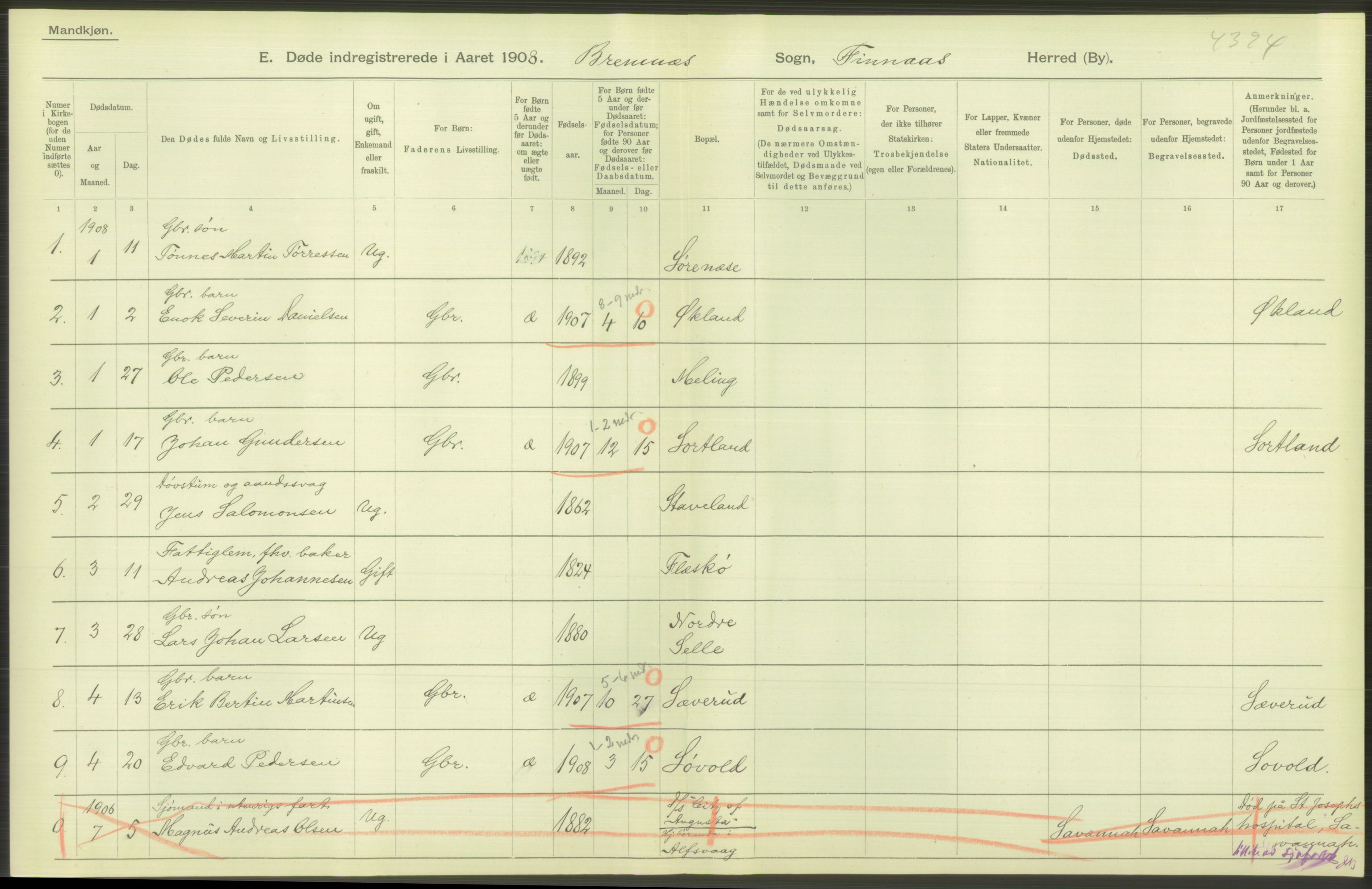 Statistisk sentralbyrå, Sosiodemografiske emner, Befolkning, AV/RA-S-2228/D/Df/Dfa/Dfaf/L0029: S. Bergenhus amt: Døde. Bygder., 1908, p. 68