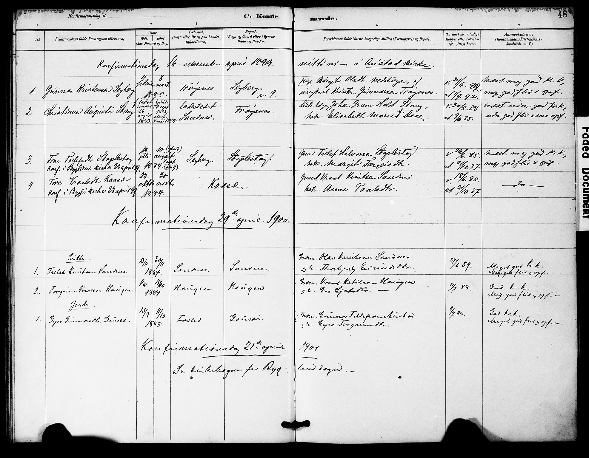 Bygland sokneprestkontor, AV/SAK-1111-0006/F/Fa/Fac/L0001: Parish register (official) no. A 1, 1885-1909, p. 48