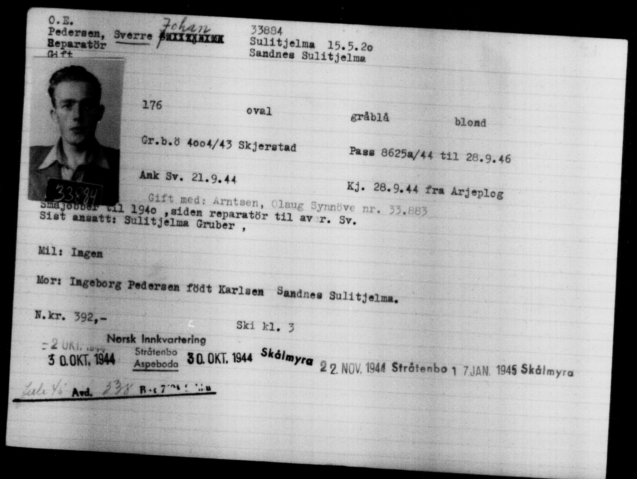 Utenriksstasjonene, Legasjonen i Stockholm, Flyktningkontoret, AV/RA-S-6753/V/Va/L0013: Kjesäterkartoteket, flyktninger med registreringsnr. 31500-34731, 1940-1945, p. 2519
