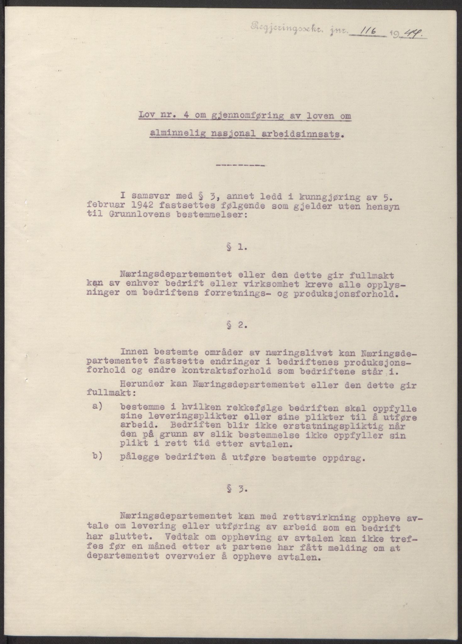 NS-administrasjonen 1940-1945 (Statsrådsekretariatet, de kommisariske statsråder mm), AV/RA-S-4279/D/Db/L0100: Lover, 1944, p. 219