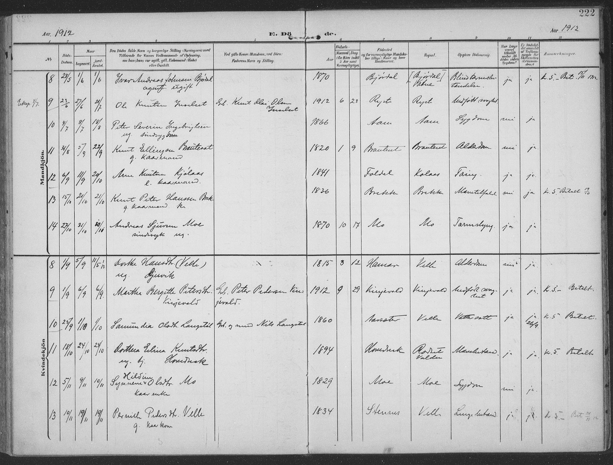 Ministerialprotokoller, klokkerbøker og fødselsregistre - Møre og Romsdal, SAT/A-1454/513/L0178: Parish register (official) no. 513A05, 1906-1919, p. 222