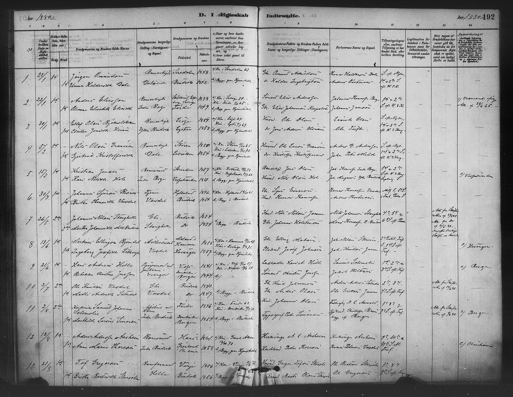 Bruvik Sokneprestembete, SAB/A-74701/H/Haa: Parish register (official) no. B 1, 1878-1904, p. 192