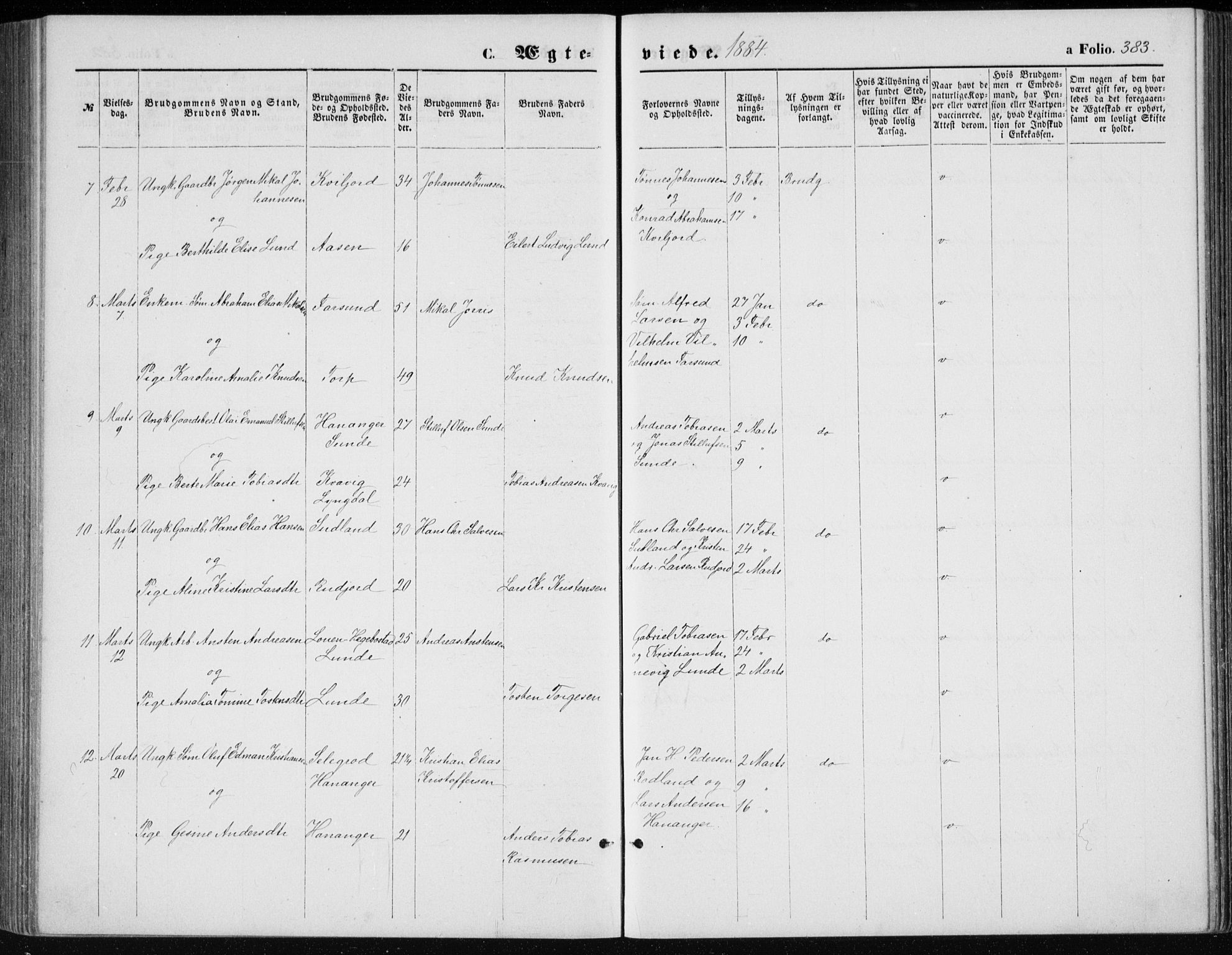 Lista sokneprestkontor, AV/SAK-1111-0027/F/Fb/L0004: Parish register (copy) no. B 4, 1877-1891, p. 383