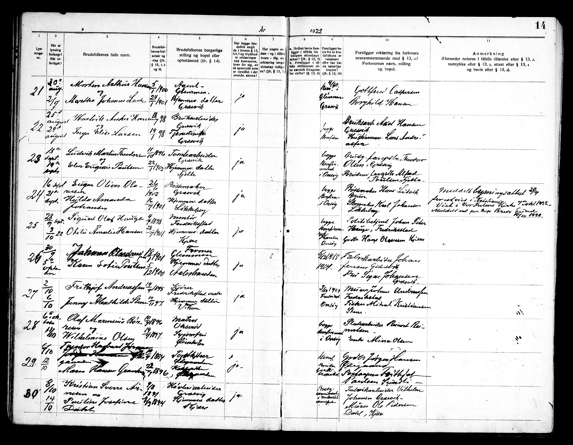 Onsøy prestekontor Kirkebøker, AV/SAO-A-10914/H/Ha/L0001: Banns register no. I 1, 1919-1956, p. 14