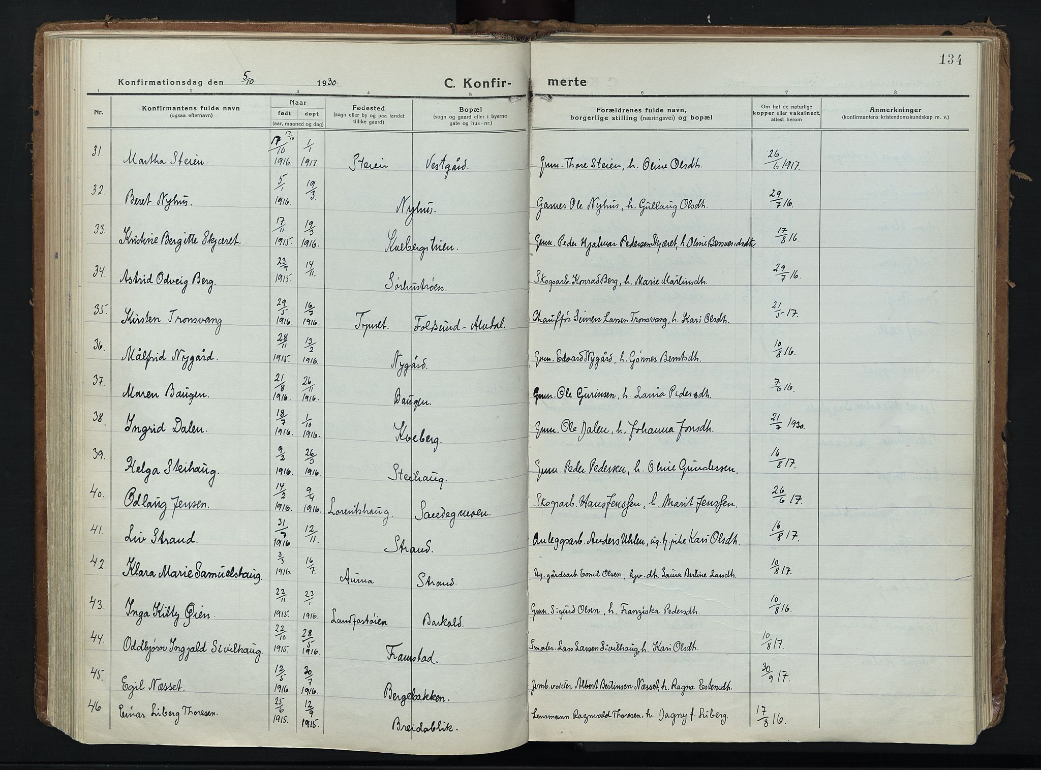 Alvdal prestekontor, AV/SAH-PREST-060/H/Ha/Haa/L0006: Parish register (official) no. 6, 1920-1937, p. 134