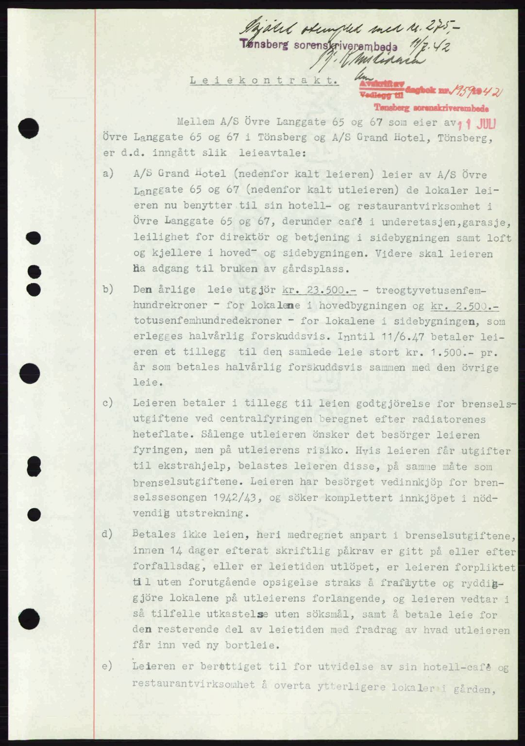 Tønsberg sorenskriveri, AV/SAKO-A-130/G/Ga/Gaa/L0011: Mortgage book no. A11, 1941-1942, Diary no: : 1959/1942