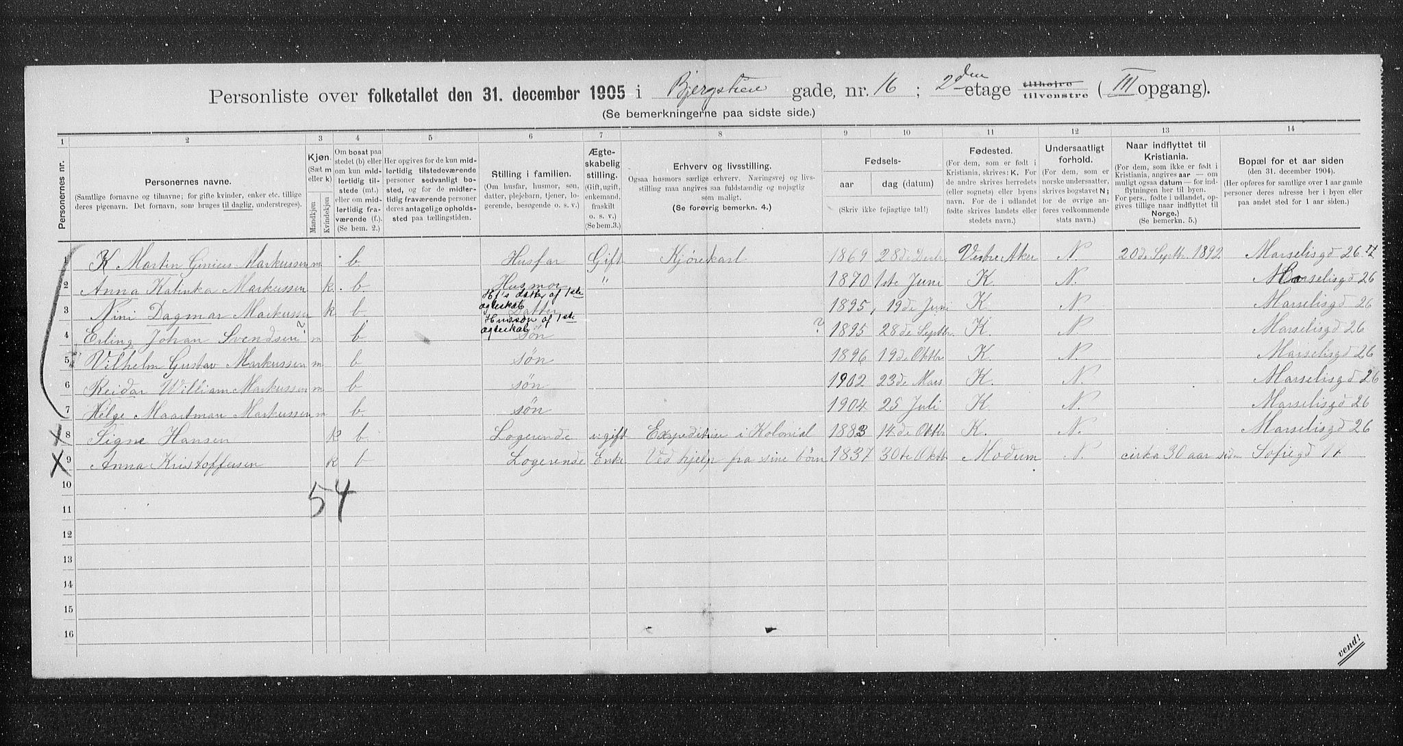 OBA, Municipal Census 1905 for Kristiania, 1905, p. 2752