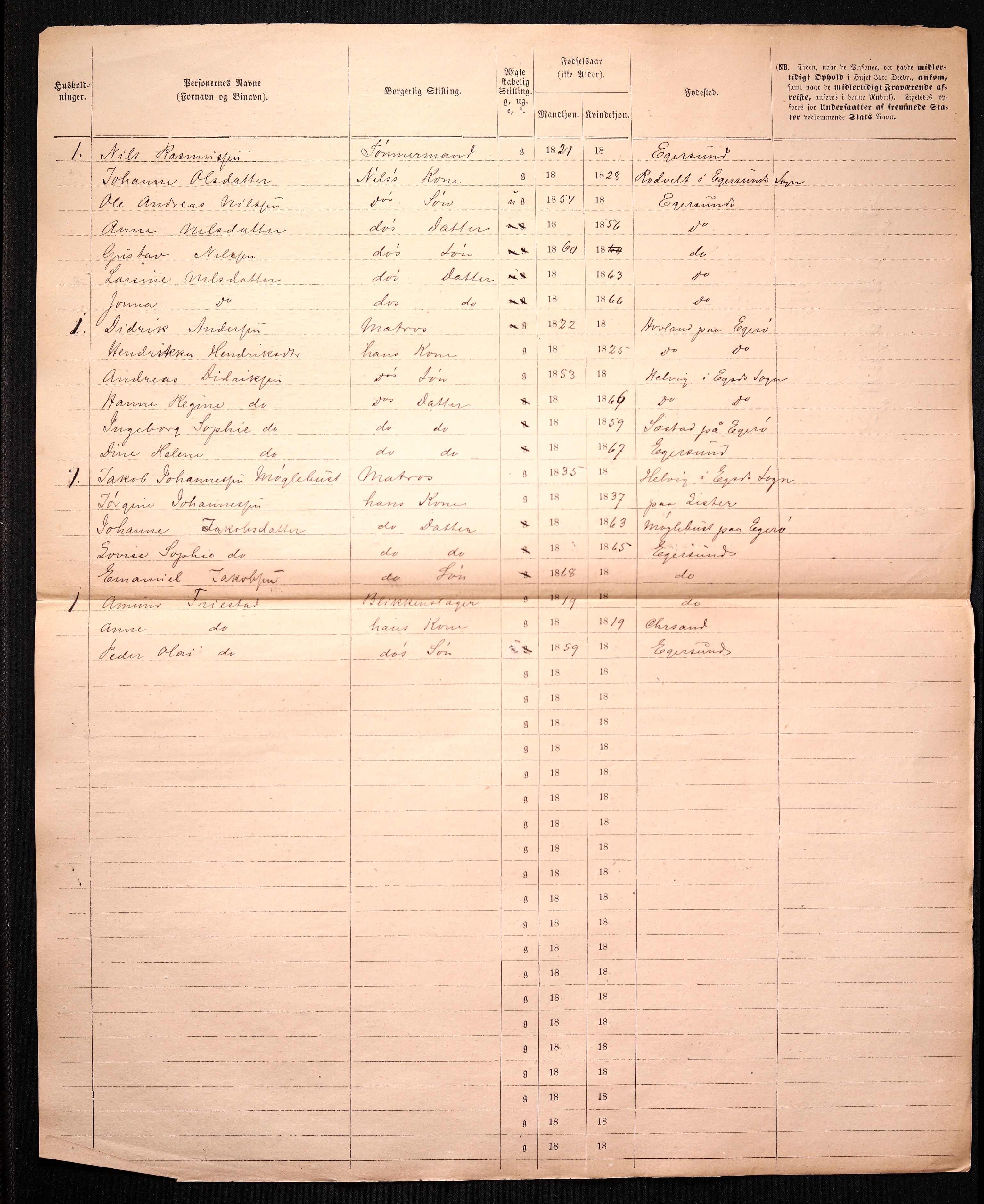 RA, 1870 census for 1101 Egersund, 1870, p. 8