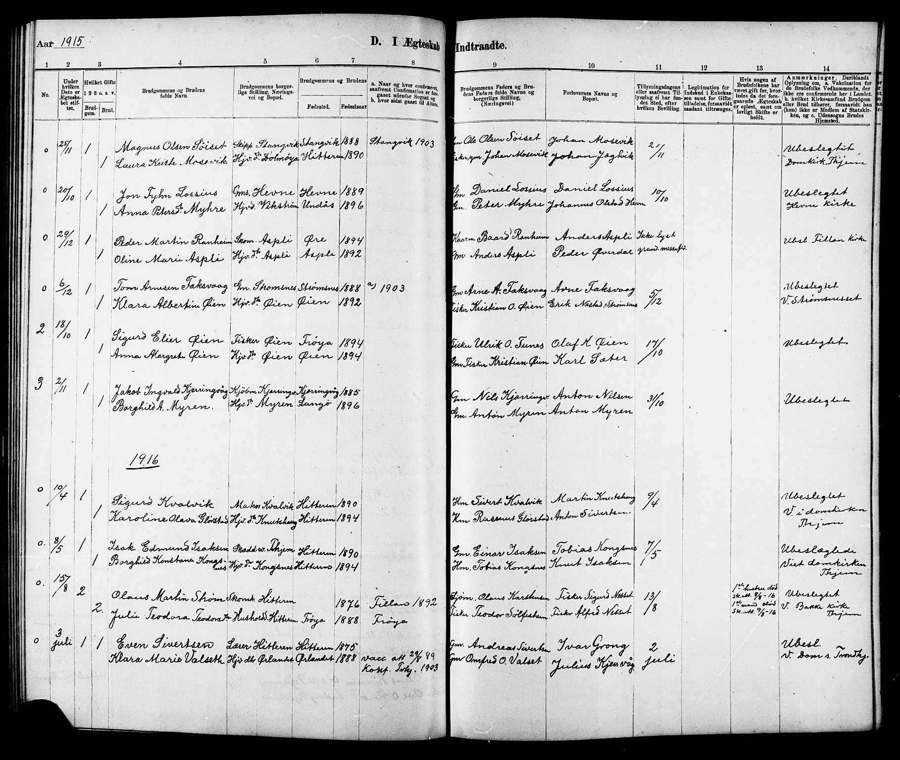 Ministerialprotokoller, klokkerbøker og fødselsregistre - Sør-Trøndelag, AV/SAT-A-1456/634/L0542: Parish register (copy) no. 634C04, 1892-1916