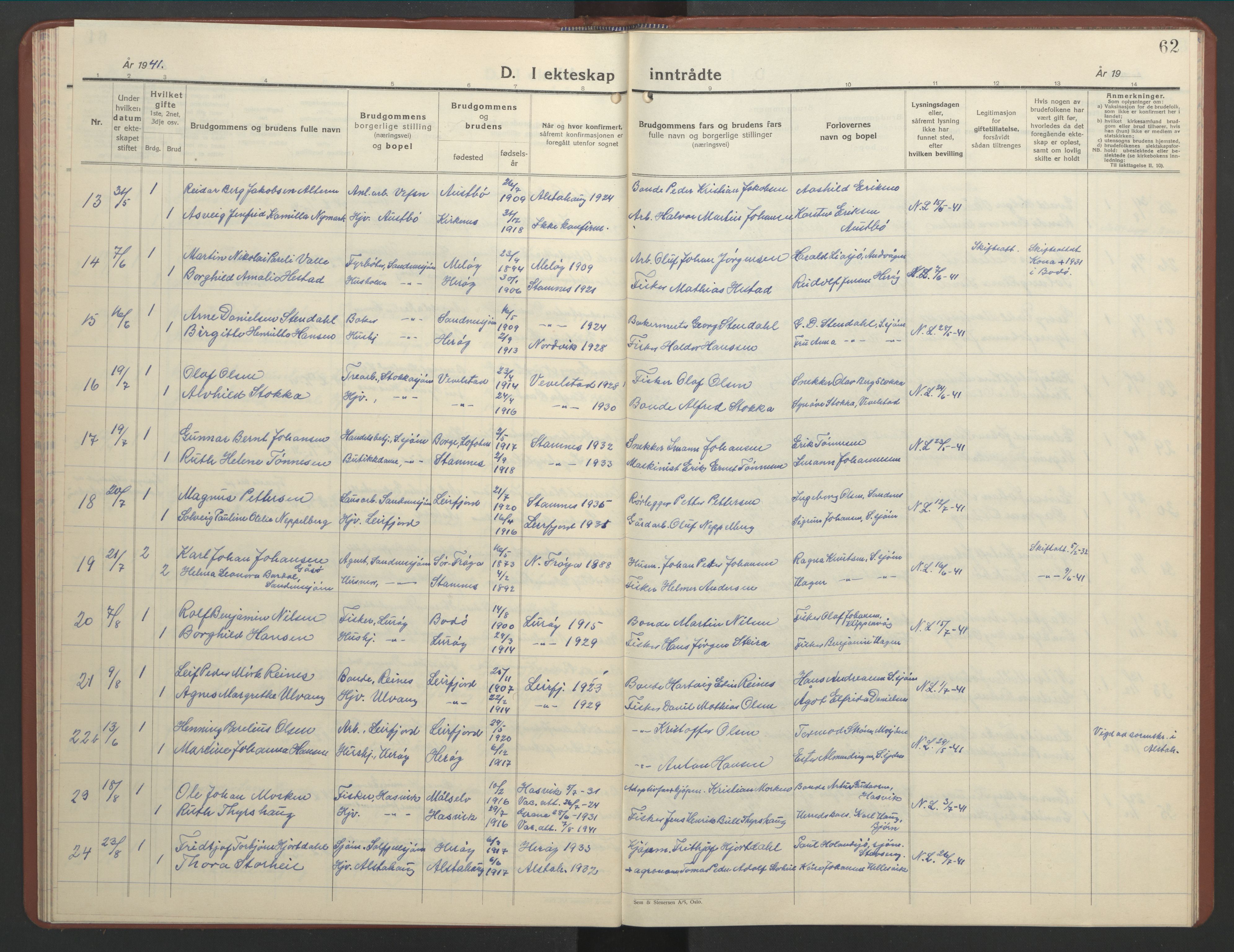 Ministerialprotokoller, klokkerbøker og fødselsregistre - Nordland, AV/SAT-A-1459/831/L0481: Parish register (copy) no. 831C08, 1935-1948, p. 62