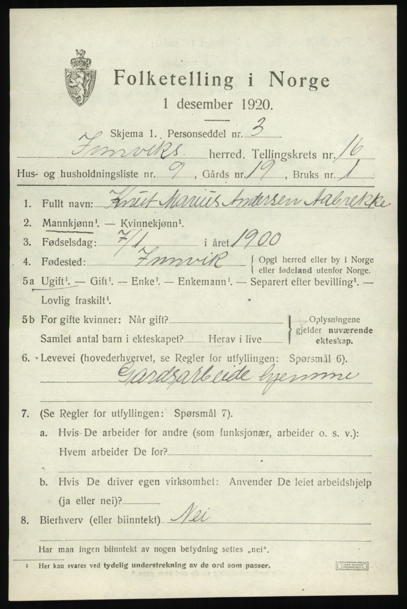 SAB, 1920 census for Innvik, 1920, p. 6545