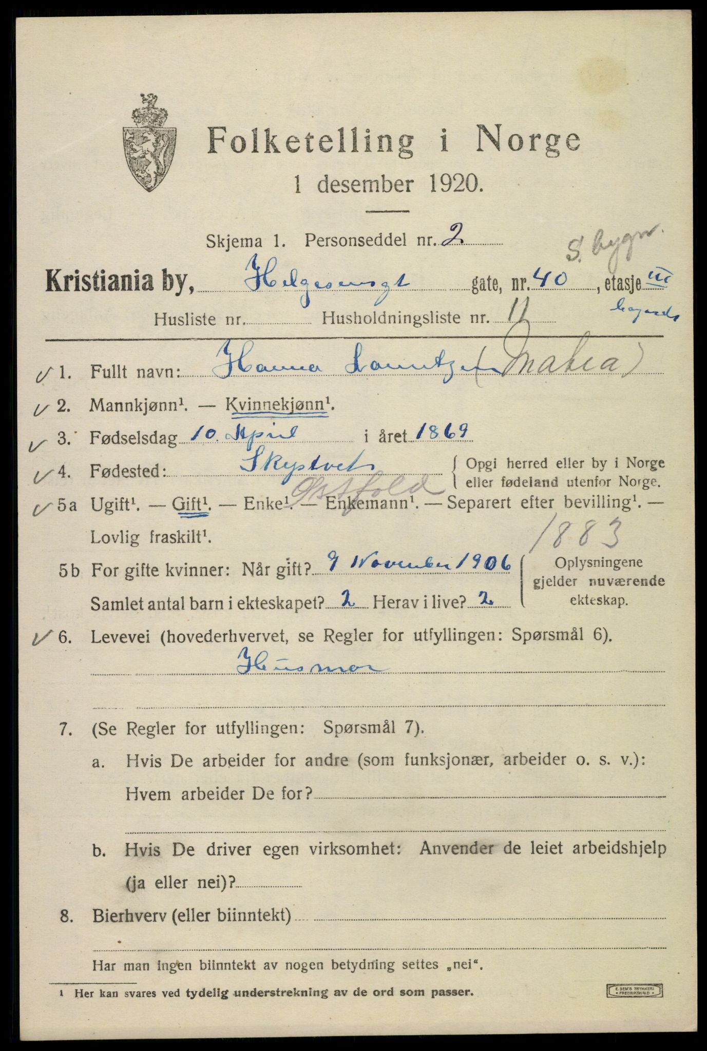 SAO, 1920 census for Kristiania, 1920, p. 285137