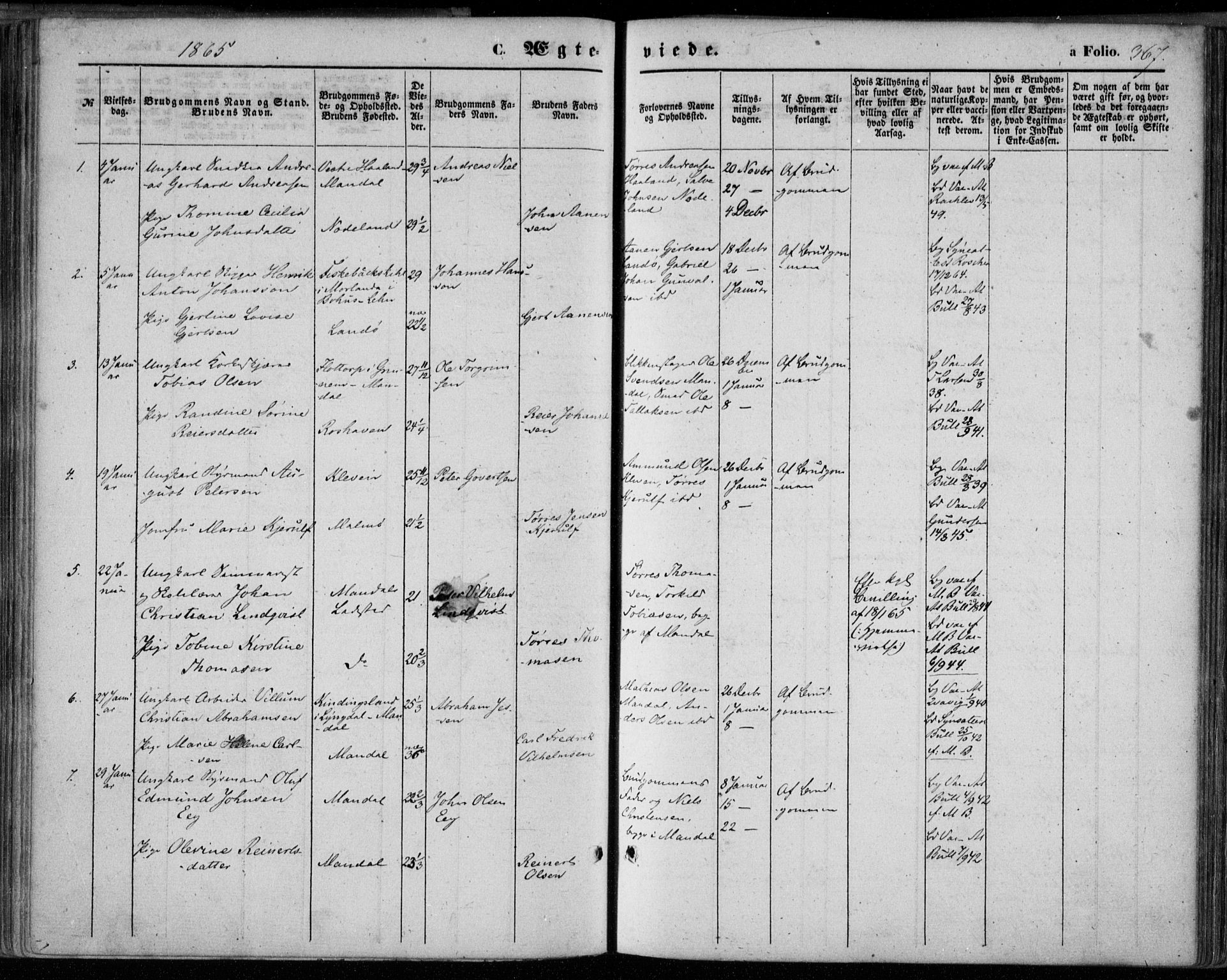 Mandal sokneprestkontor, SAK/1111-0030/F/Fa/Faa/L0014: Parish register (official) no. A 14, 1859-1872, p. 367