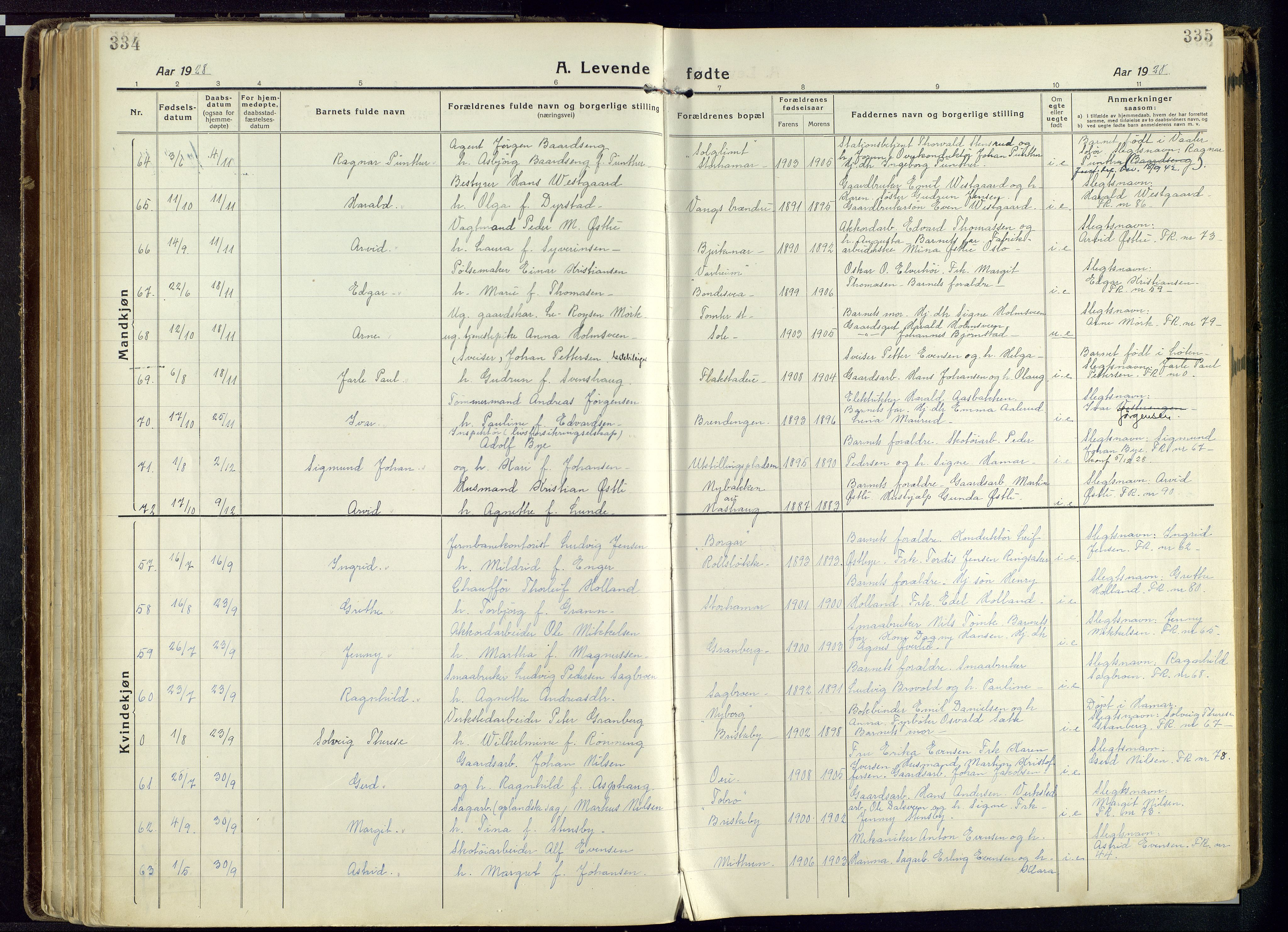 Vang prestekontor, Hedmark, AV/SAH-PREST-008/H/Ha/Haa/L0022: Parish register (official) no. 22, 1918-1944, p. 334-335