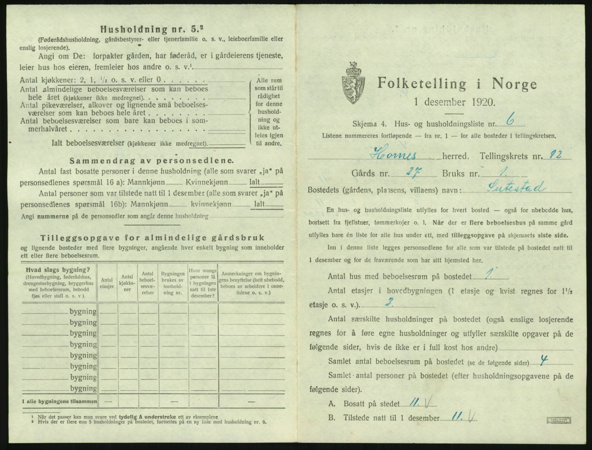 SAK, 1920 census for Hornnes, 1920, p. 483