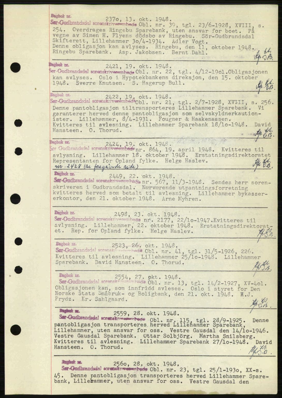 Sør-Gudbrandsdal tingrett, SAH/TING-004/H/Hb/Hbf/L0002: Mortgage book no. C1, 1938-1951, Diary no: : 2370/1948