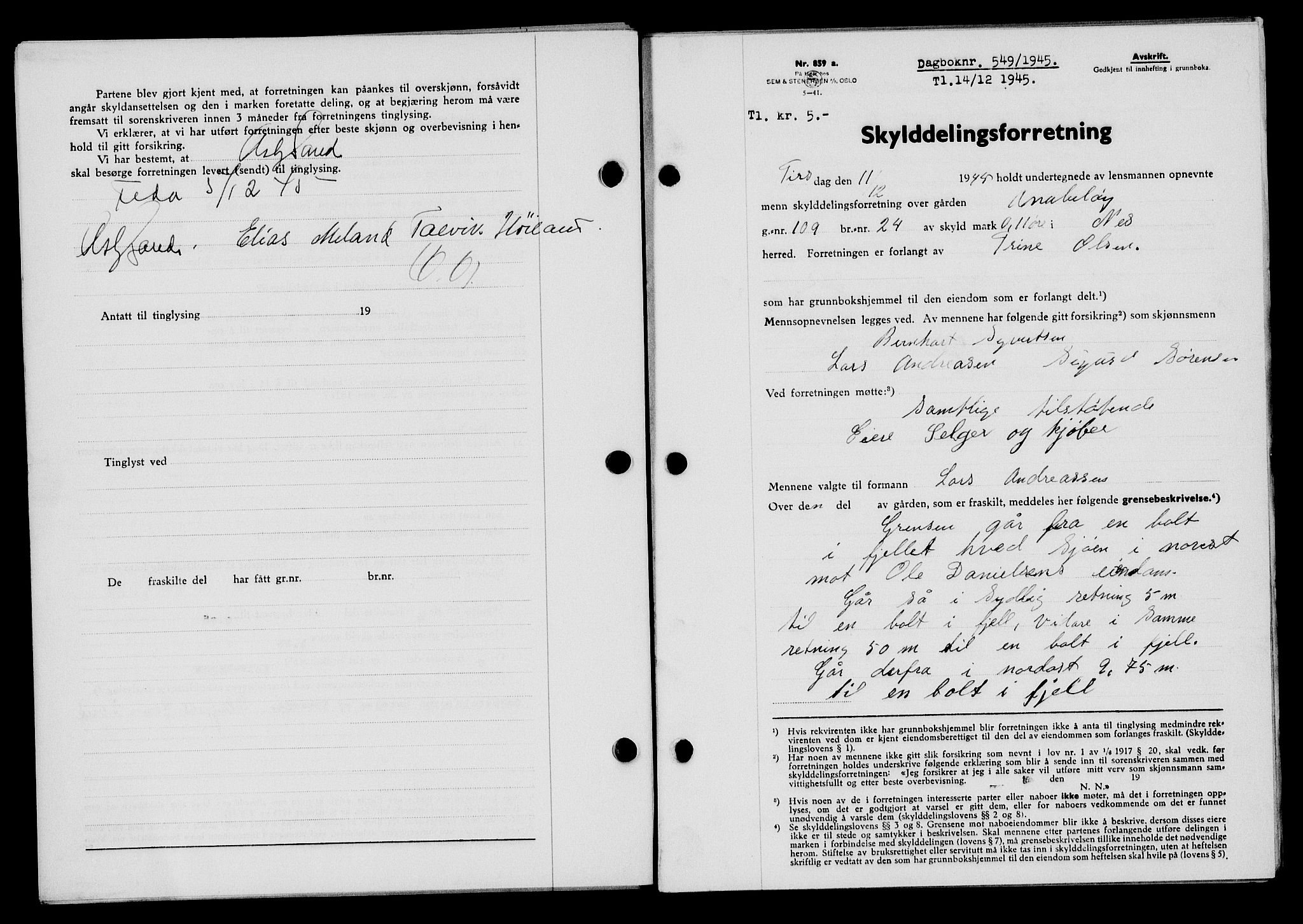 Flekkefjord sorenskriveri, AV/SAK-1221-0001/G/Gb/Gba/L0060: Mortgage book no. A-8, 1945-1946, Diary no: : 549/1945