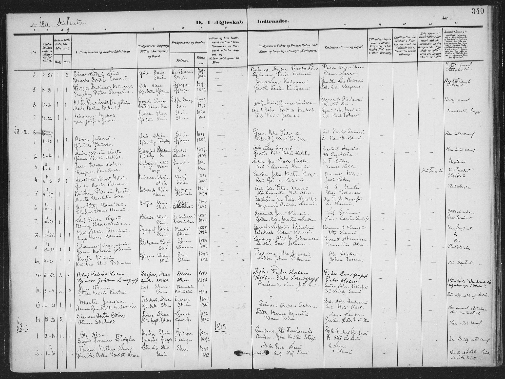 Skien kirkebøker, SAKO/A-302/F/Fa/L0012: Parish register (official) no. 12, 1908-1914, p. 340