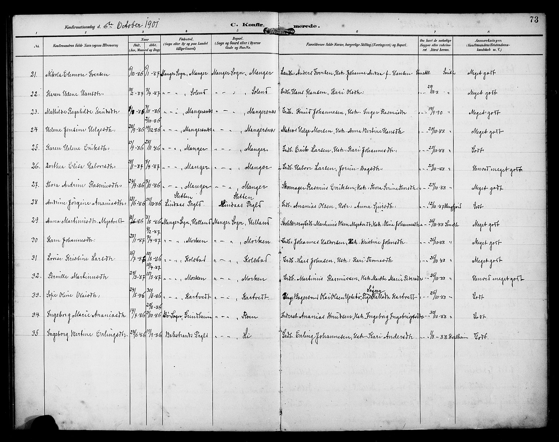 Manger sokneprestembete, SAB/A-76801/H/Haa: Parish register (official) no. B 2, 1893-1906, p. 73