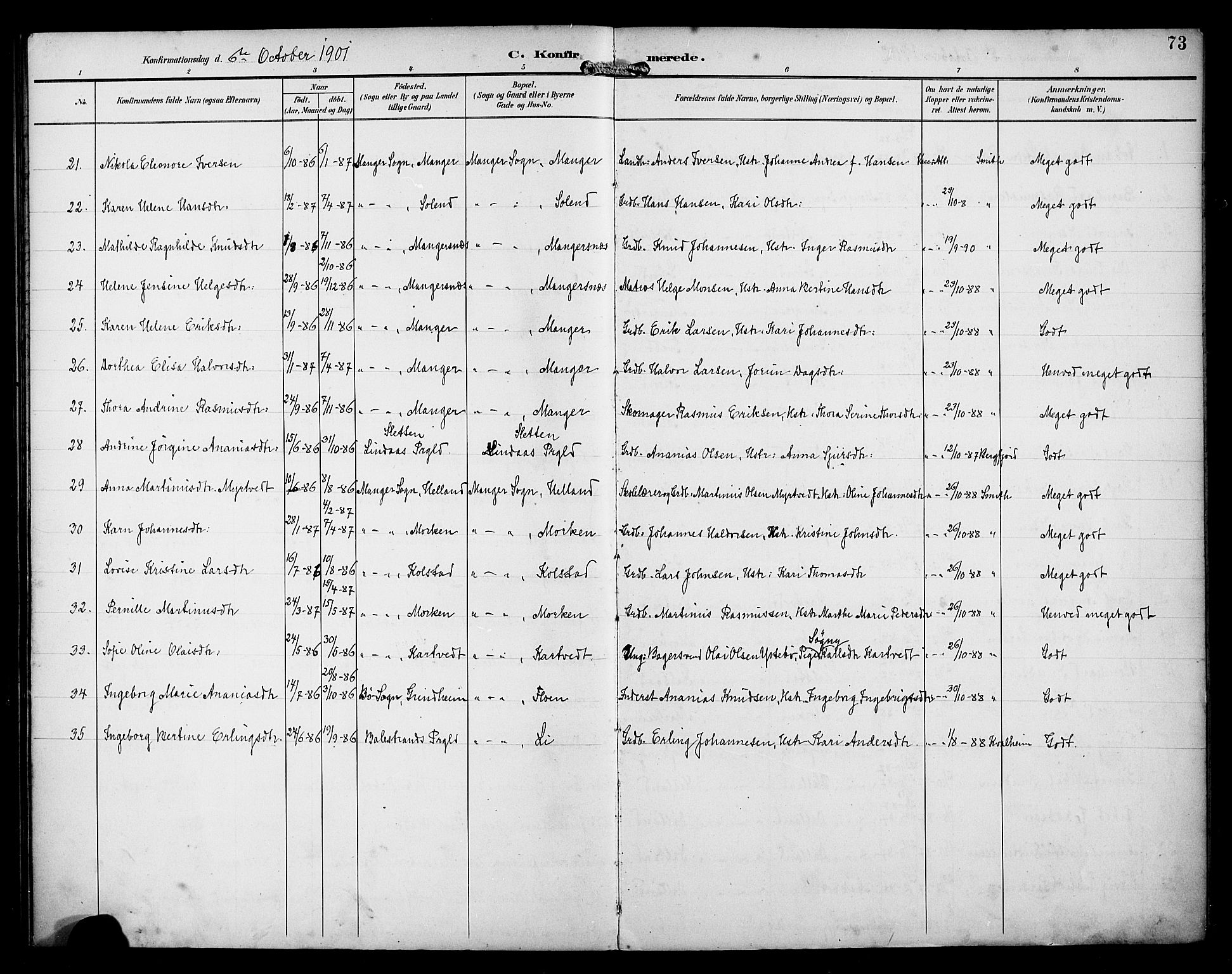 Manger sokneprestembete, AV/SAB-A-76801/H/Haa: Parish register (official) no. B 2, 1893-1906, p. 73