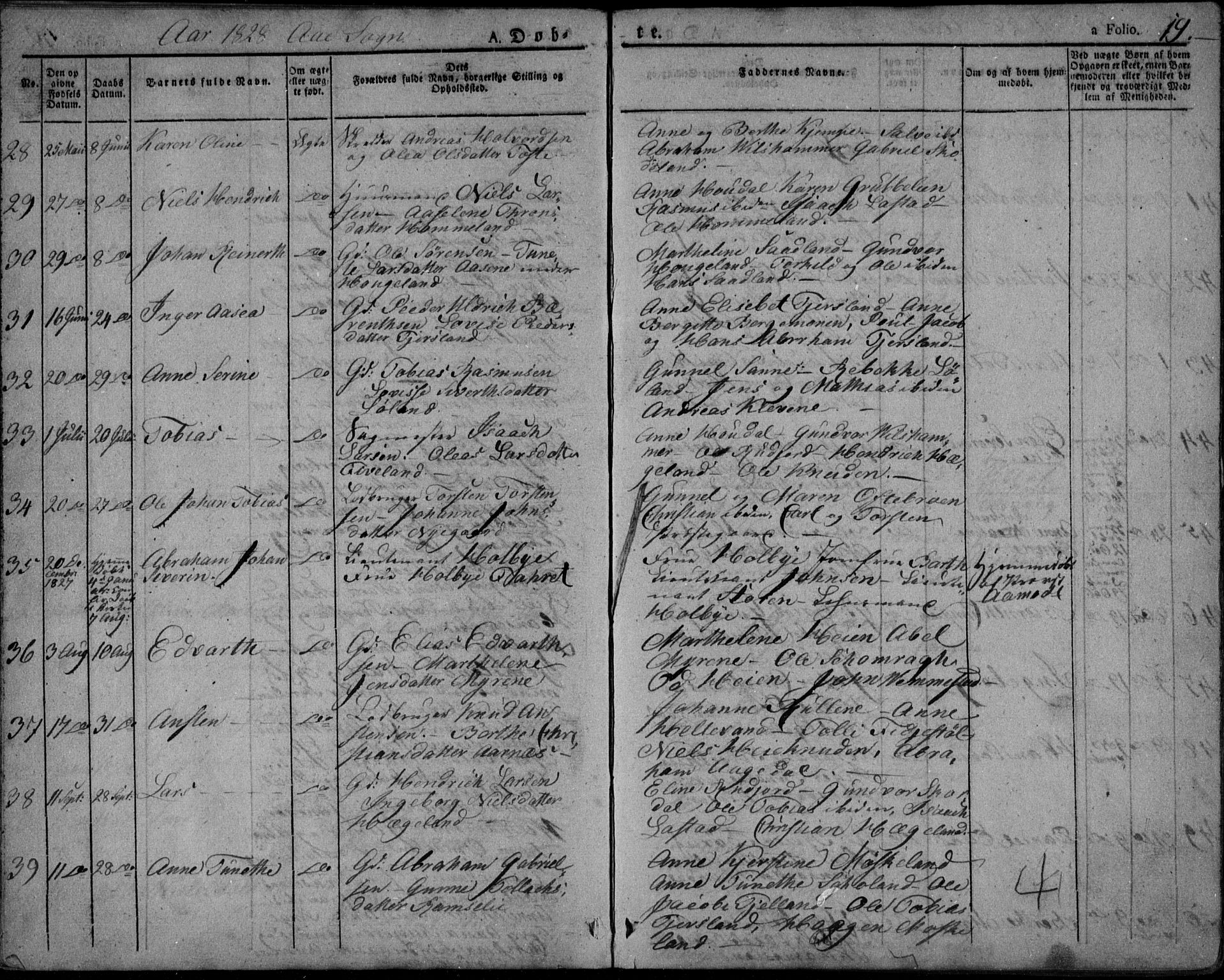 Lyngdal sokneprestkontor, AV/SAK-1111-0029/F/Fa/Fac/L0007: Parish register (official) no. A 7, 1825-1838, p. 19