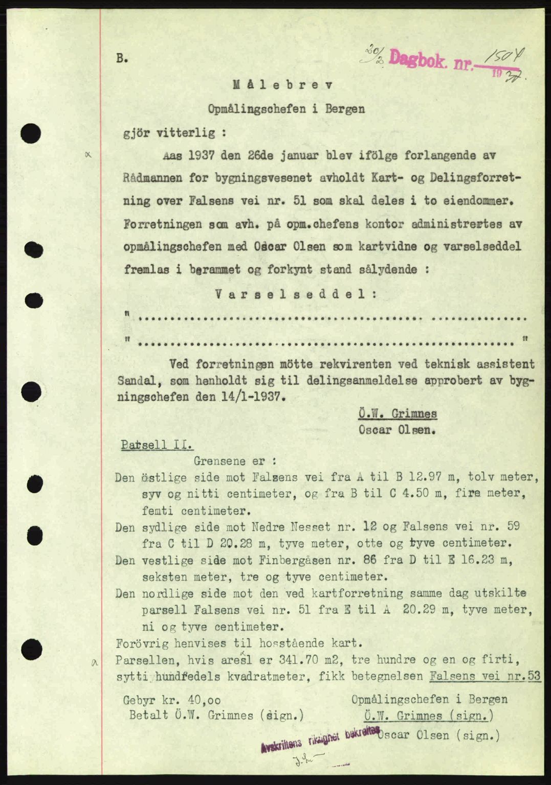 Byfogd og Byskriver i Bergen, SAB/A-3401/03/03Bc/L0004: Mortgage book no. A3-4, 1936-1937, Diary no: : 1504/1937