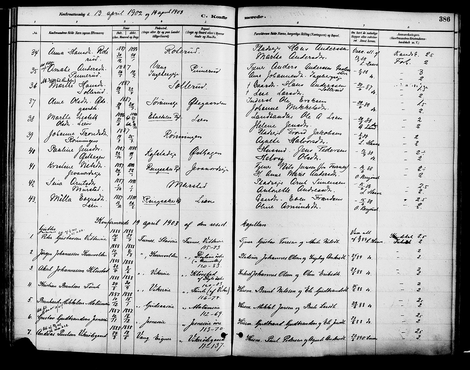 Vang prestekontor, Hedmark, SAH/PREST-008/H/Ha/Haa/L0018B: Parish register (official) no. 18B, 1880-1906, p. 386