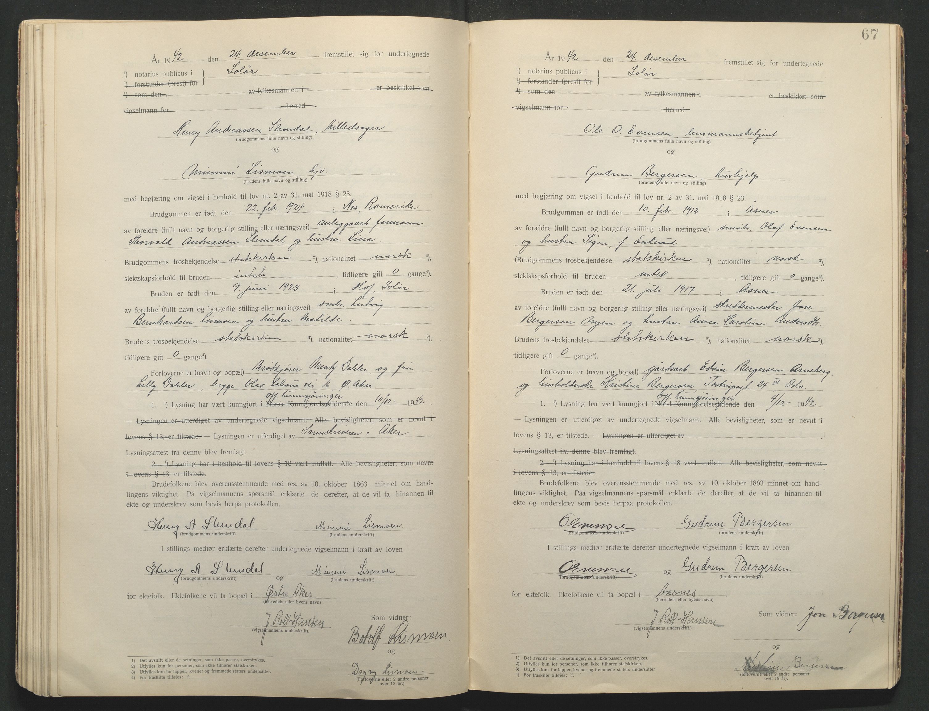 Solør tingrett, AV/SAH-TING-008/L/Lb/L0001: Vigselprotokoll, 1920-1943, p. 67