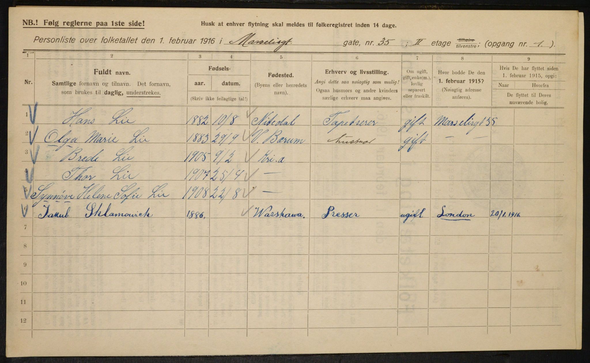 OBA, Municipal Census 1916 for Kristiania, 1916, p. 66325