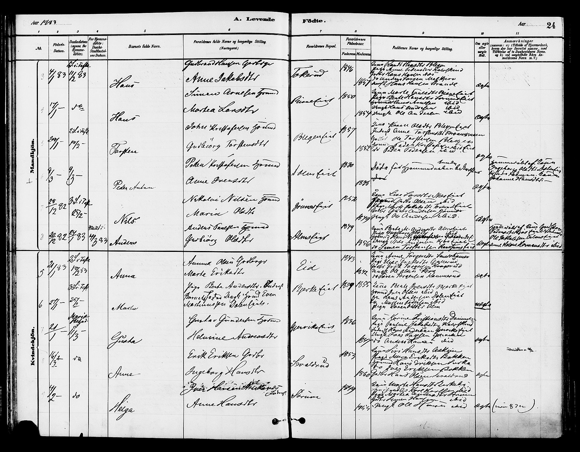 Gran prestekontor, SAH/PREST-112/H/Ha/Haa/L0015: Parish register (official) no. 15, 1880-1888, p. 24