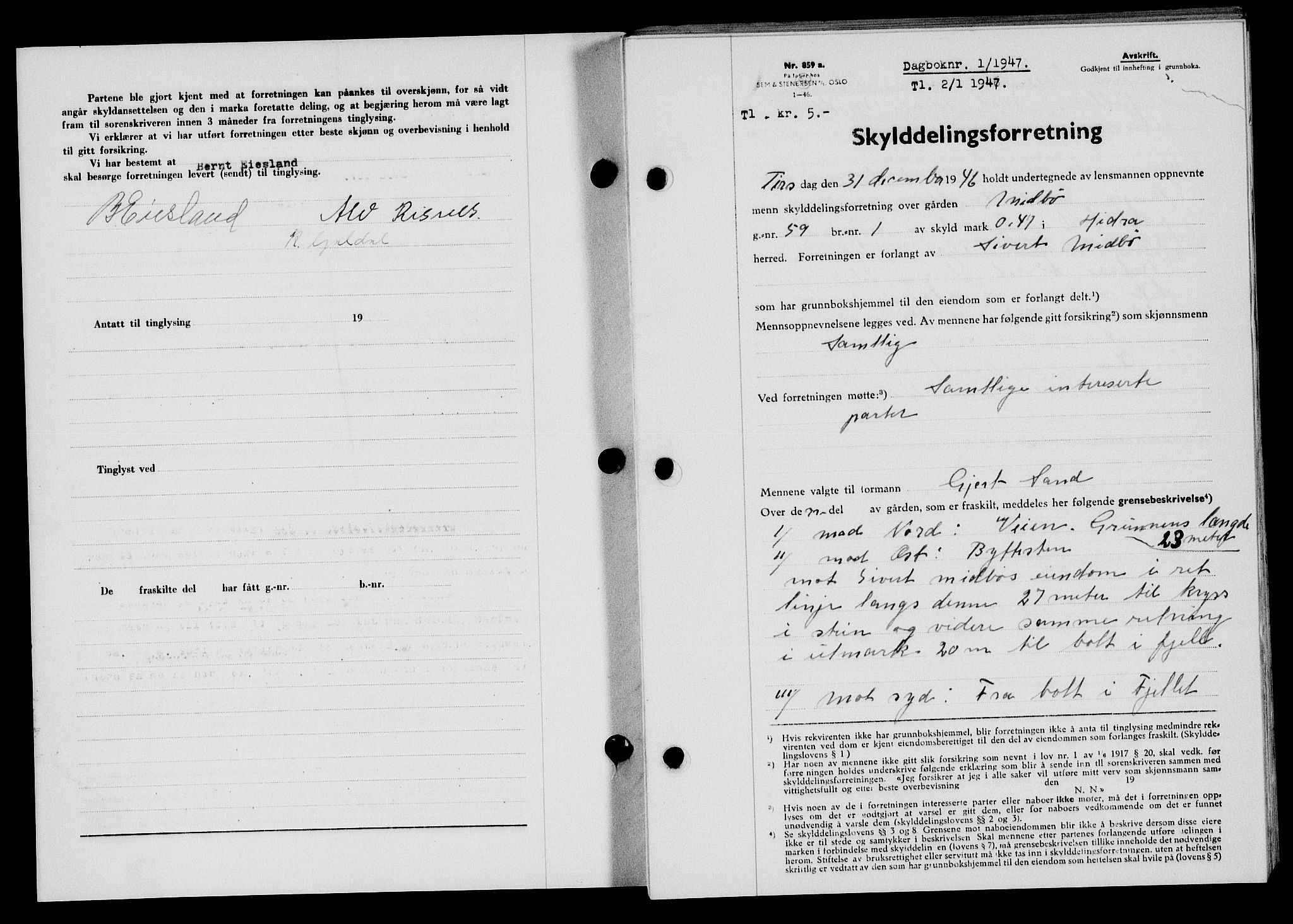 Flekkefjord sorenskriveri, AV/SAK-1221-0001/G/Gb/Gba/L0061: Mortgage book no. A-9, 1946-1947, Diary no: : 1/1947